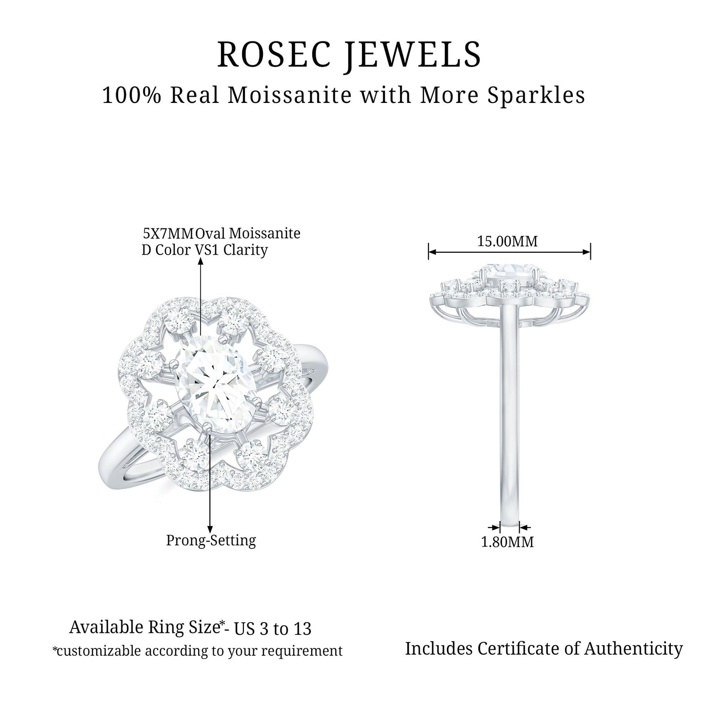 Oval Shaped Moissanite Flower Engagement Ring