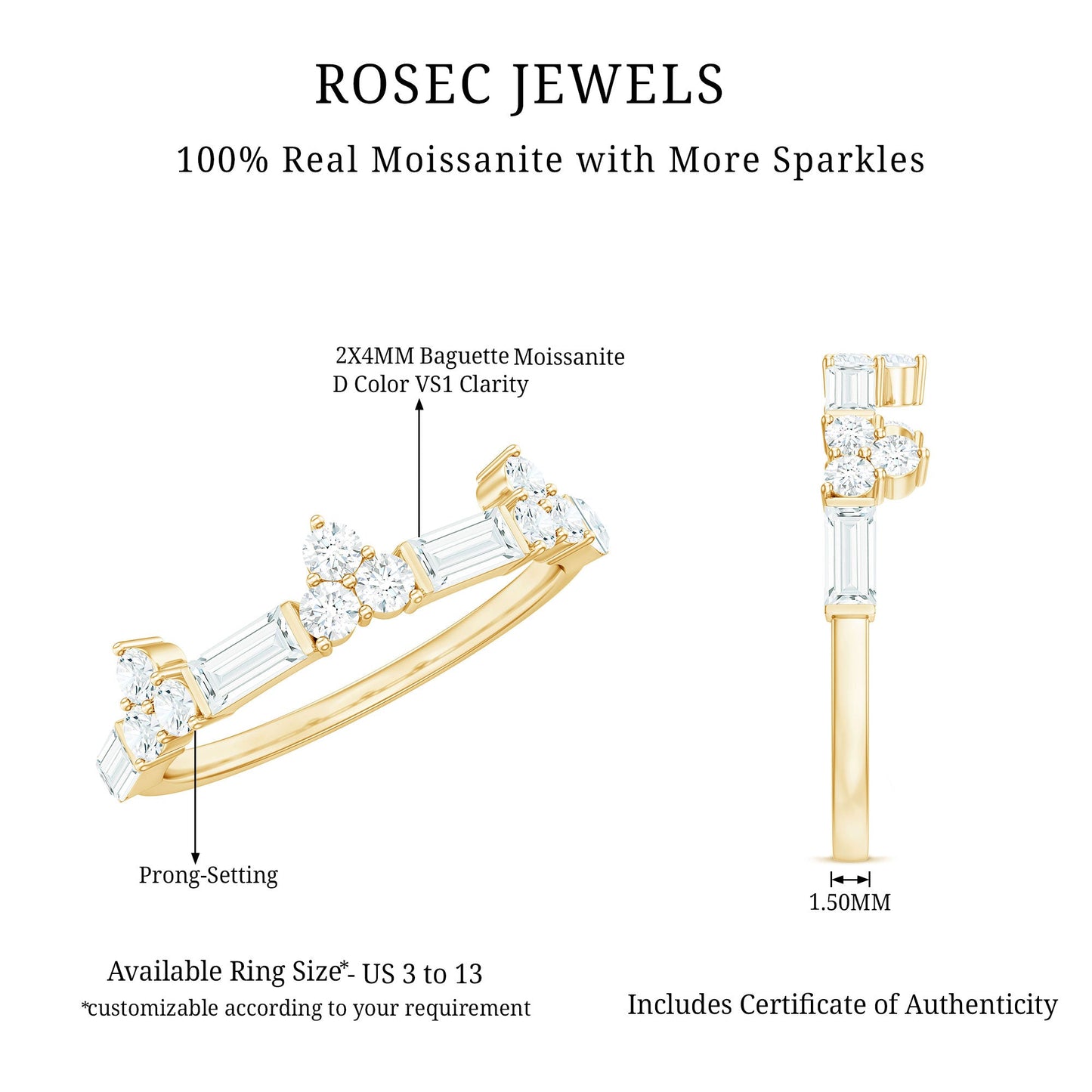 Certified Baguette and Round Moissanite Half Eternity Ring