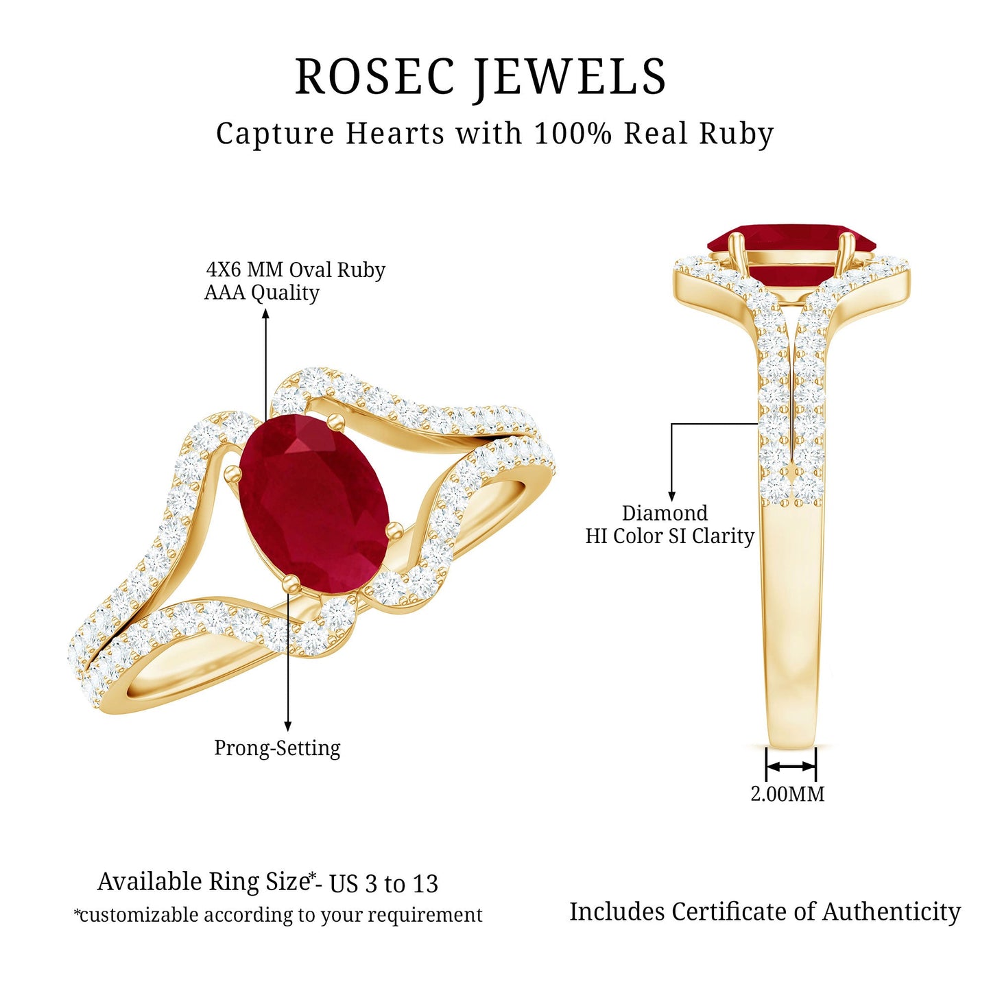 Natural 0.6 Carat Ruby Oval Engagement Ring with Diamond Split Shank