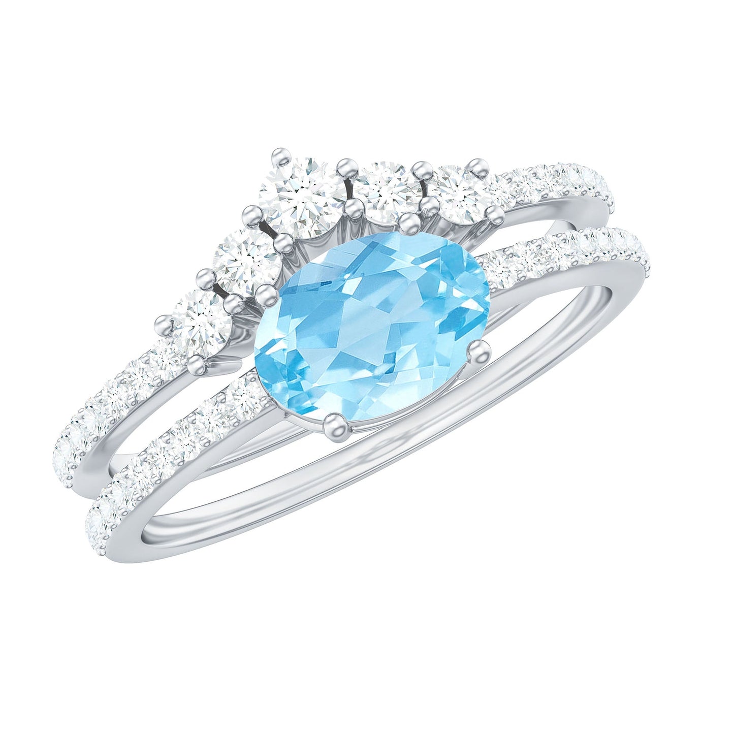 Real Oval Aquamarine Diamond East West Engagement Ring and Wedding Band Set