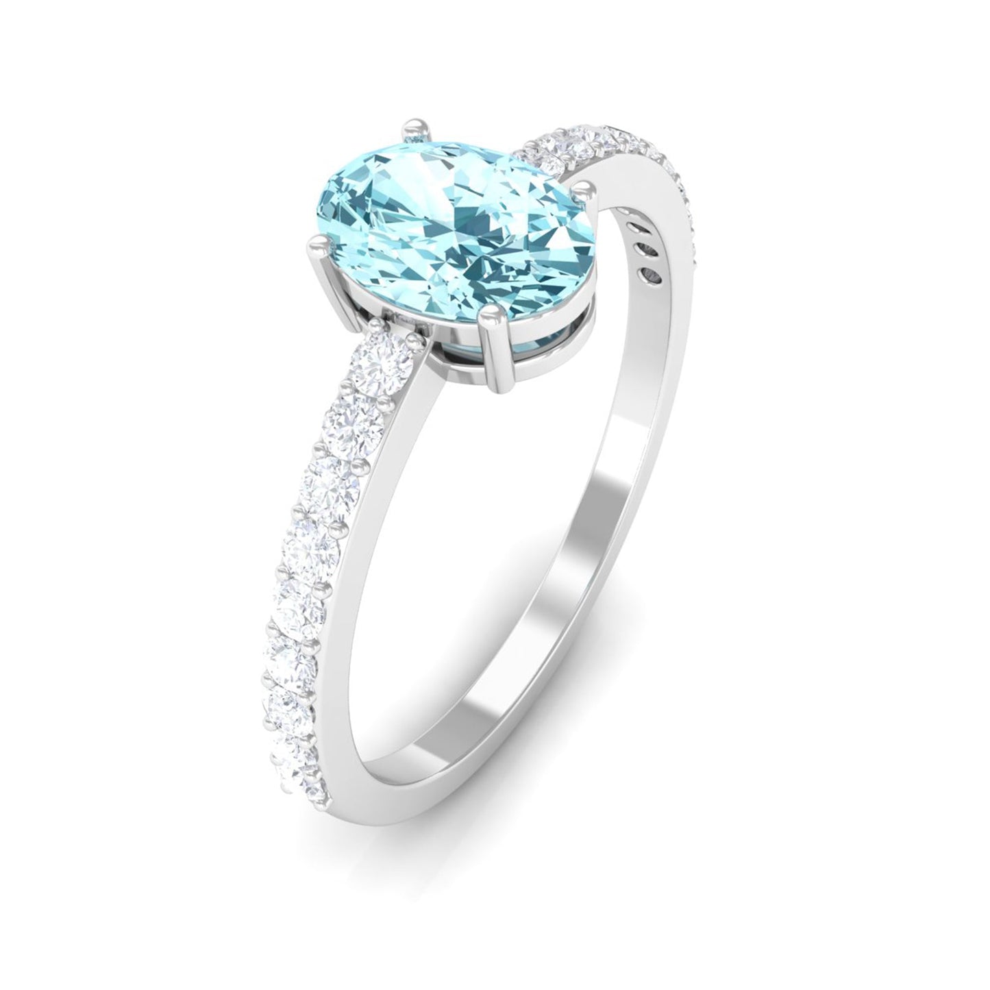 Genuine 1 Carat Solitaire Aquamarine Oval Engagement Ring with Diamond