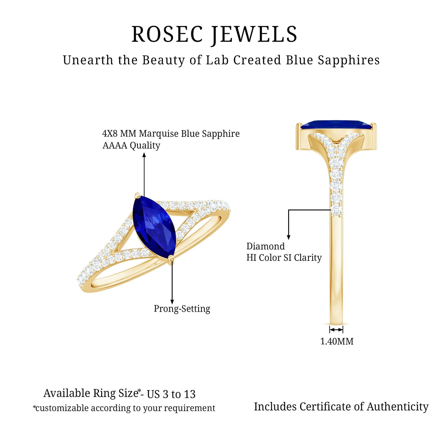 Certified 0.75 Carat Lab Grown Blue Sapphire Marquise Engagement Ring with Diamond Split Shank