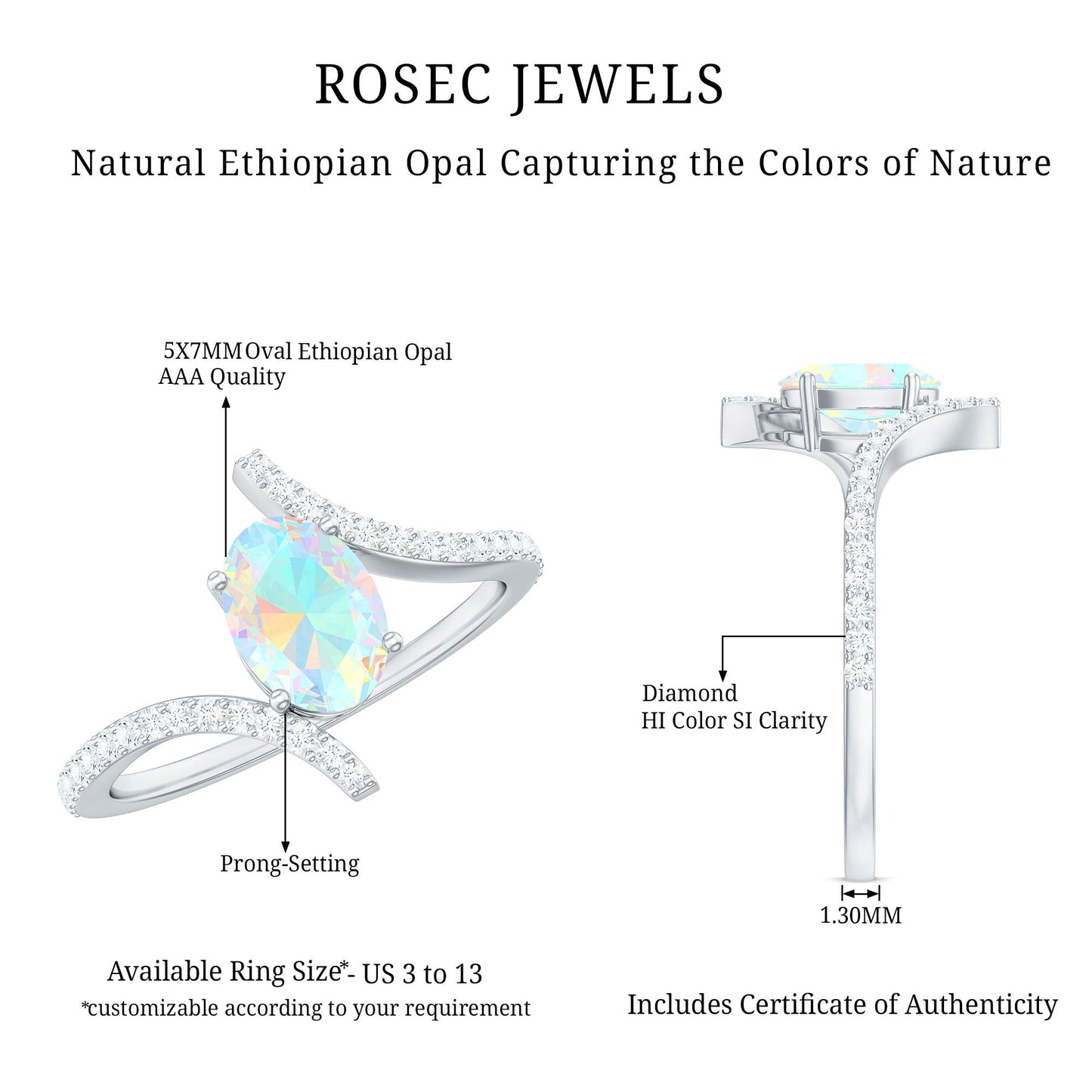 Natural Ethiopian Opal Oval Engagement Ring with Diamond Bypass Shank