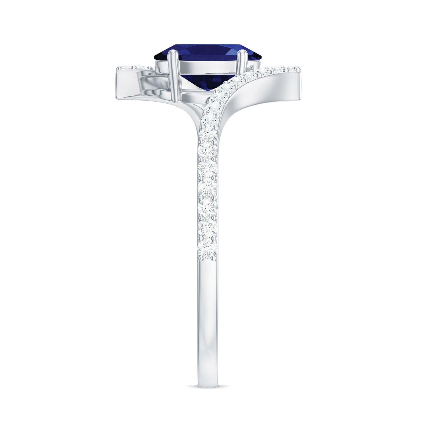 1 Carat Oval Cut Lab Created Blue Sapphire Bypass Solitaire Ring with Diamond