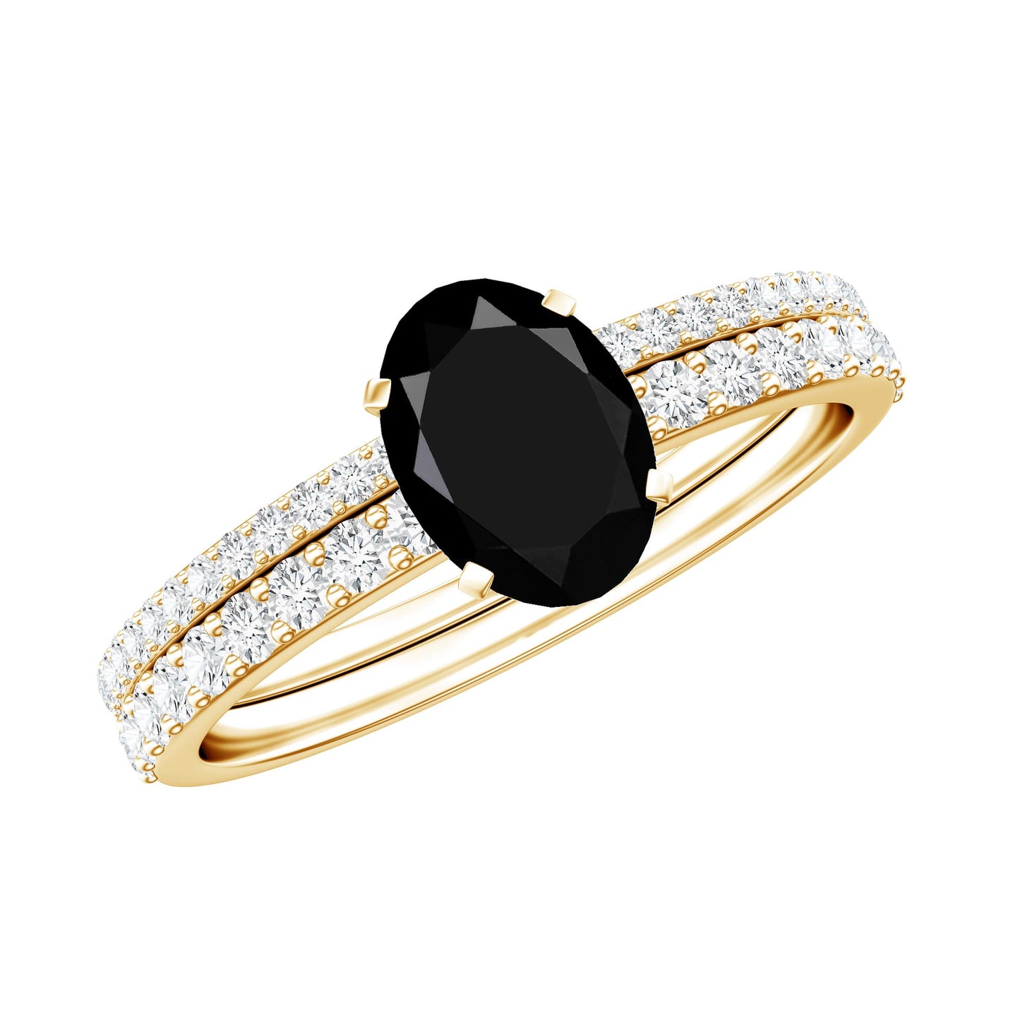 1 Carat Oval Cut Black Onyx Solitaire Rings Set with Diamond Wedding Band
