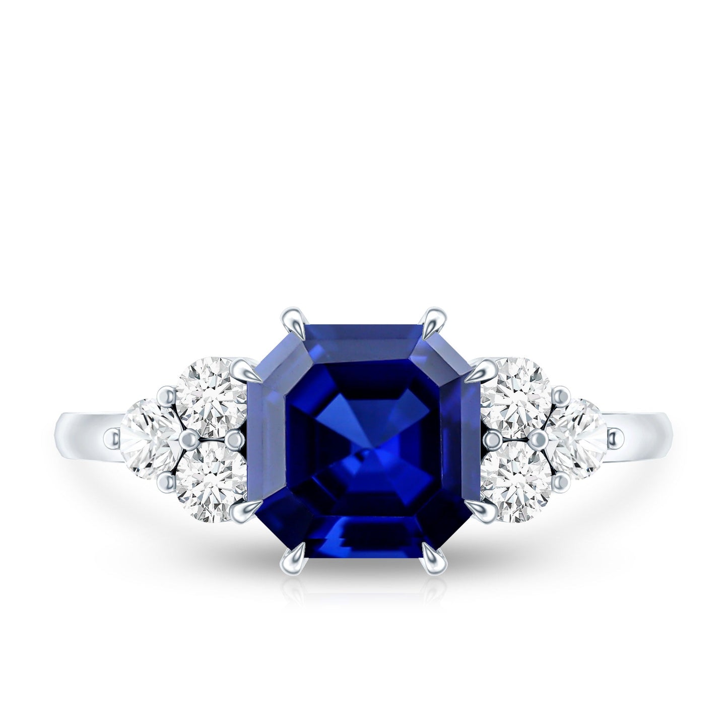 Certified 4.8 Carat Asscher Cut Lab Grown Blue Sapphire Engagement Ring with Diamond Trio