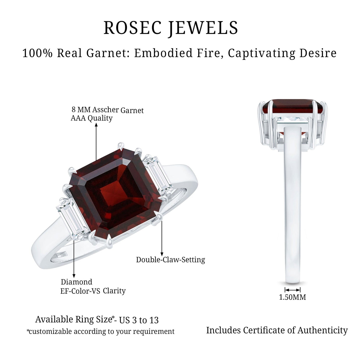 Natural 3.3 Carat Asscher Cut Garnet Engagement Ring with Diamond