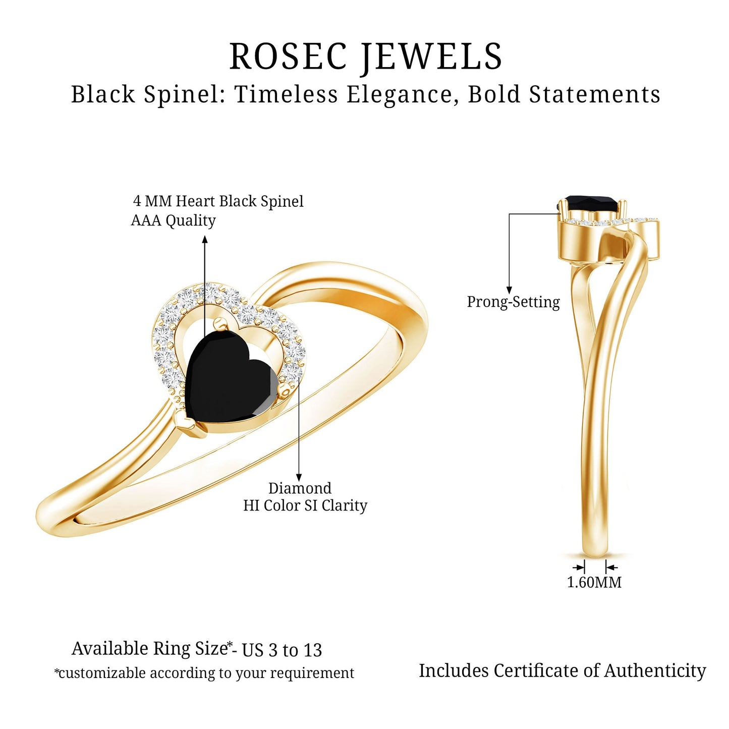 Natural Black Spinel Heart Promise Ring with Diamond