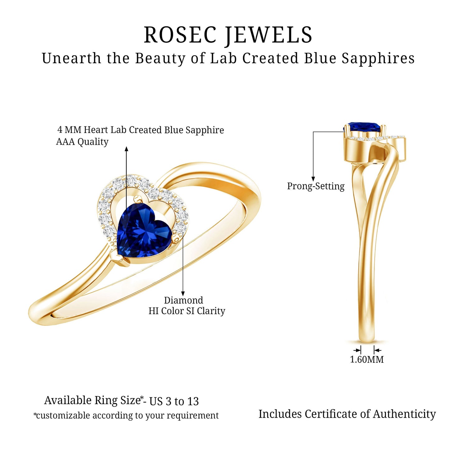 Certified Lab Grown Blue Sapphire Heart Promise Ring with Diamond
