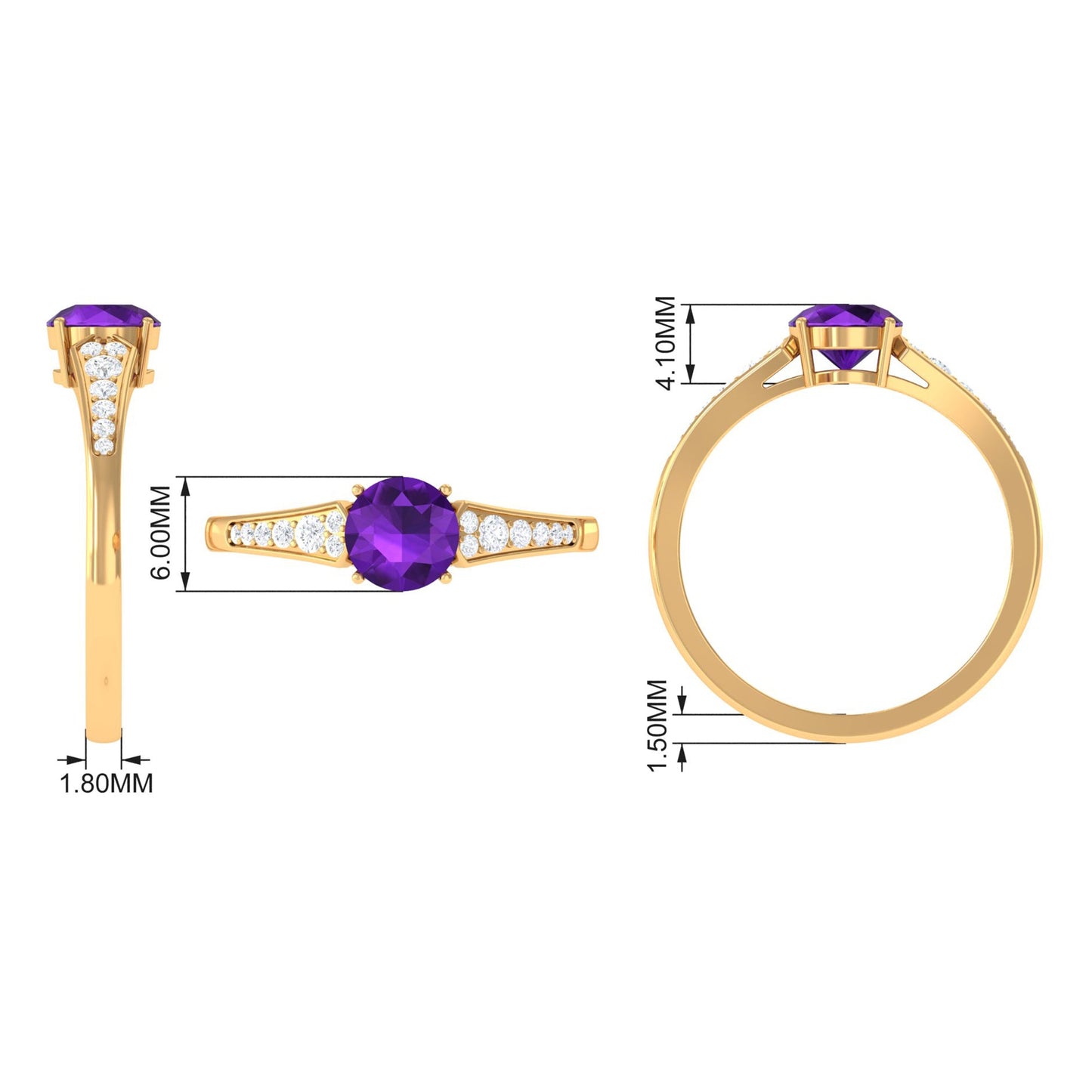 Natural 1.2 Carat Amethyst Engagement Ring with Diamond for Women