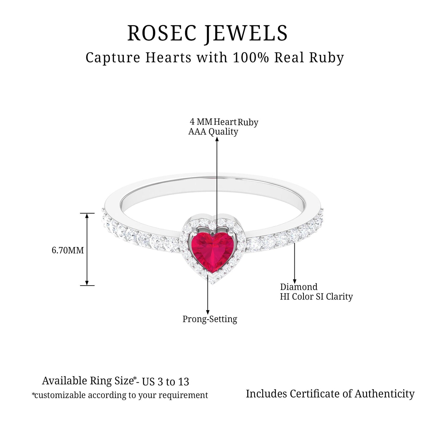 Genuine Ruby Heart Promise Ring with Diamond Halo