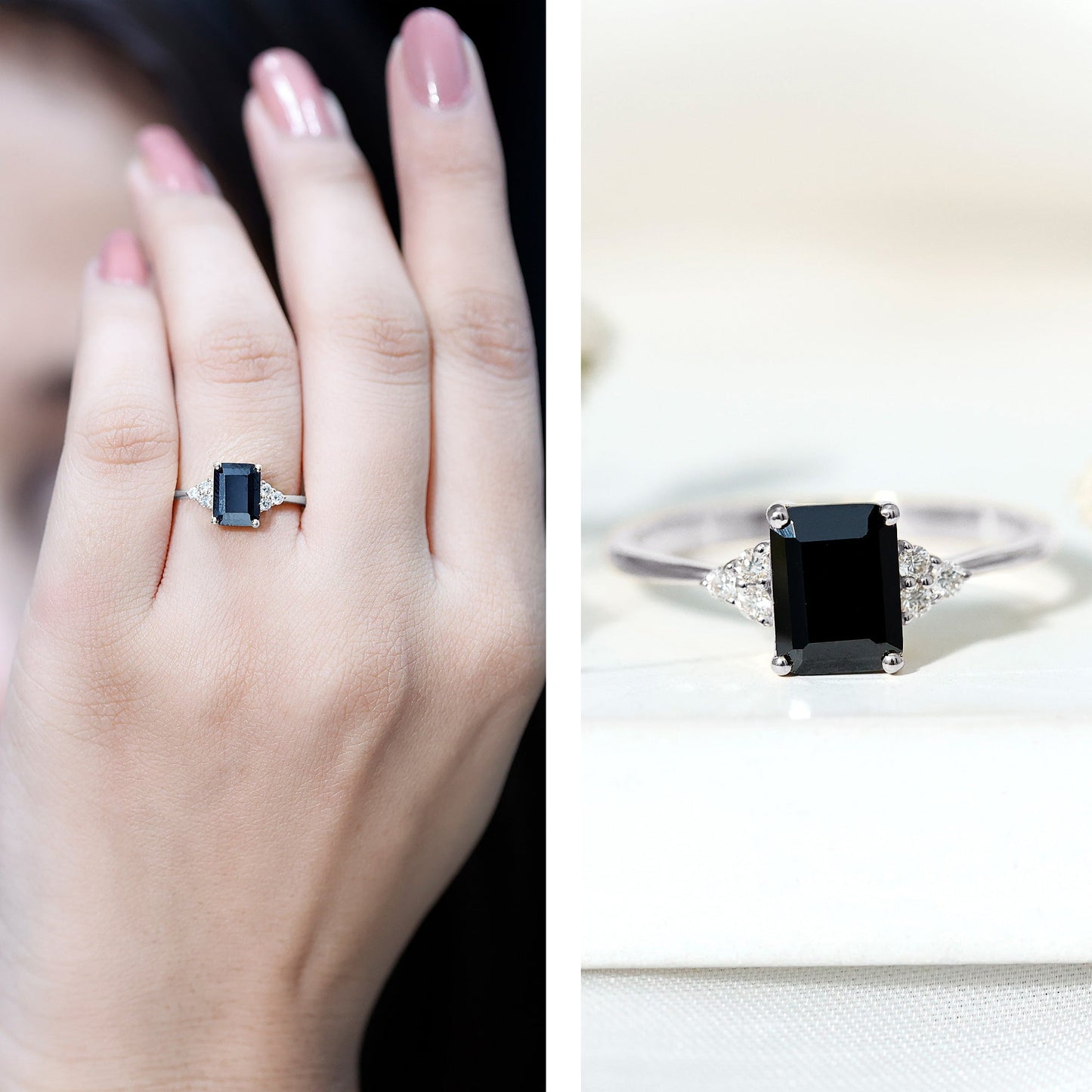 1.6 Carat Lab Grown Black Diamond Emerald Cut Engagement Ring with White Diamond