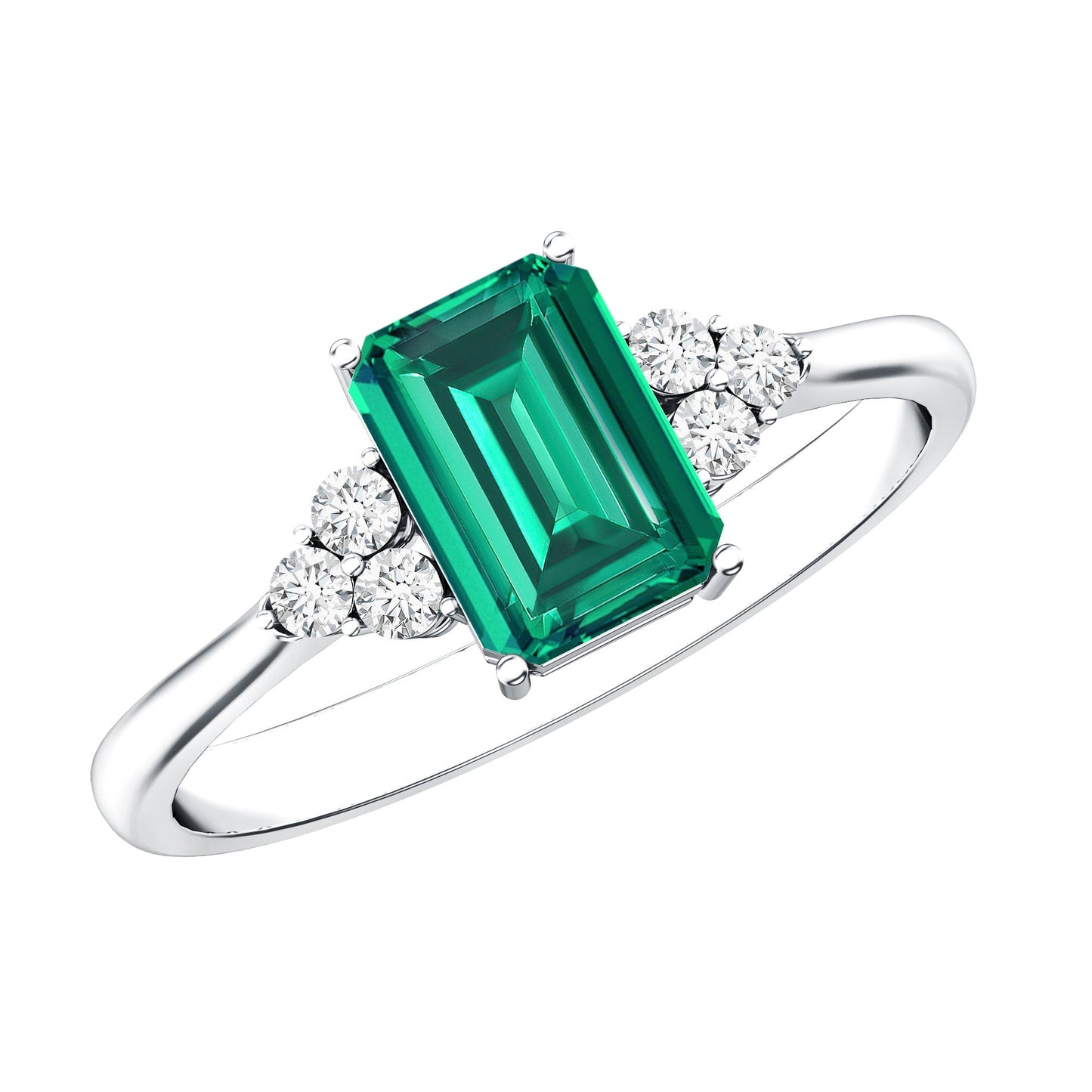 Certified 1.6 Carat Lab Grown Emerald Cut Emerald Engagement Ring with Diamond Trio