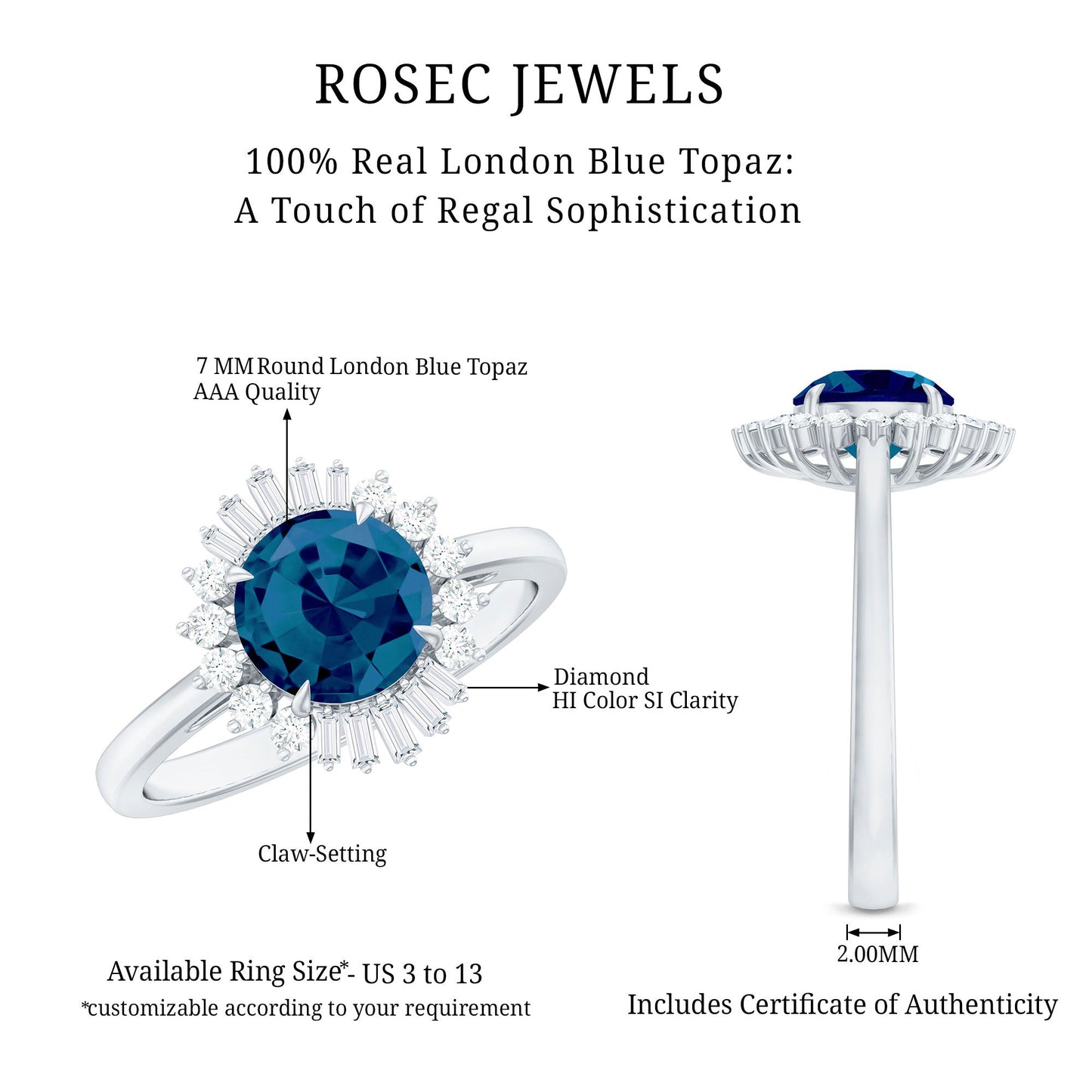 Round London Blue Topaz and Diamond Halo Engagement Ring