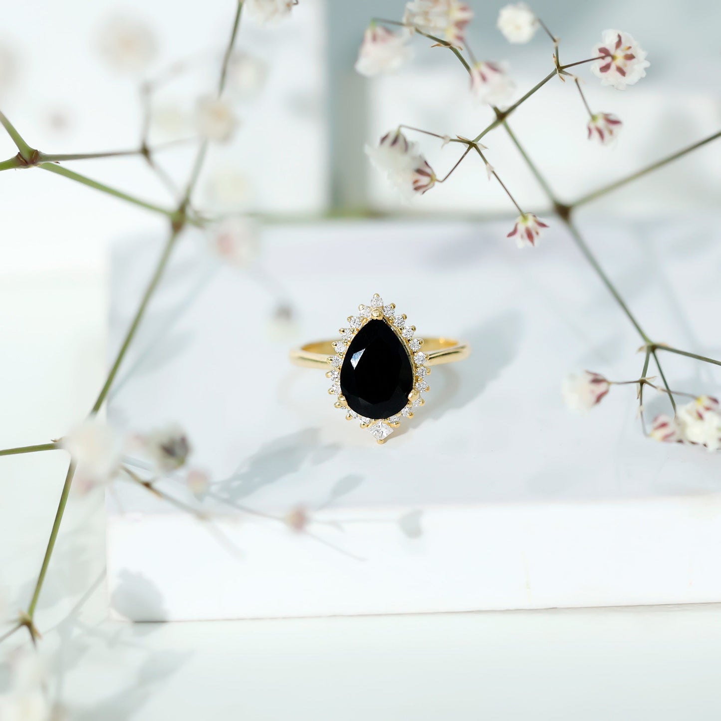 Pear Shaped Black Onyx Big Engagement Ring with Diamond Halo