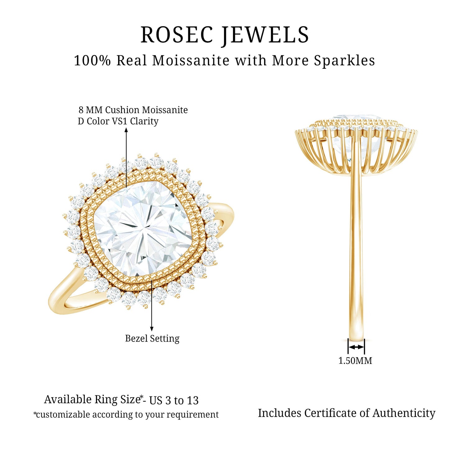 Certified Moissanite Cushion Cut Engagement Ring with Beaded Detail