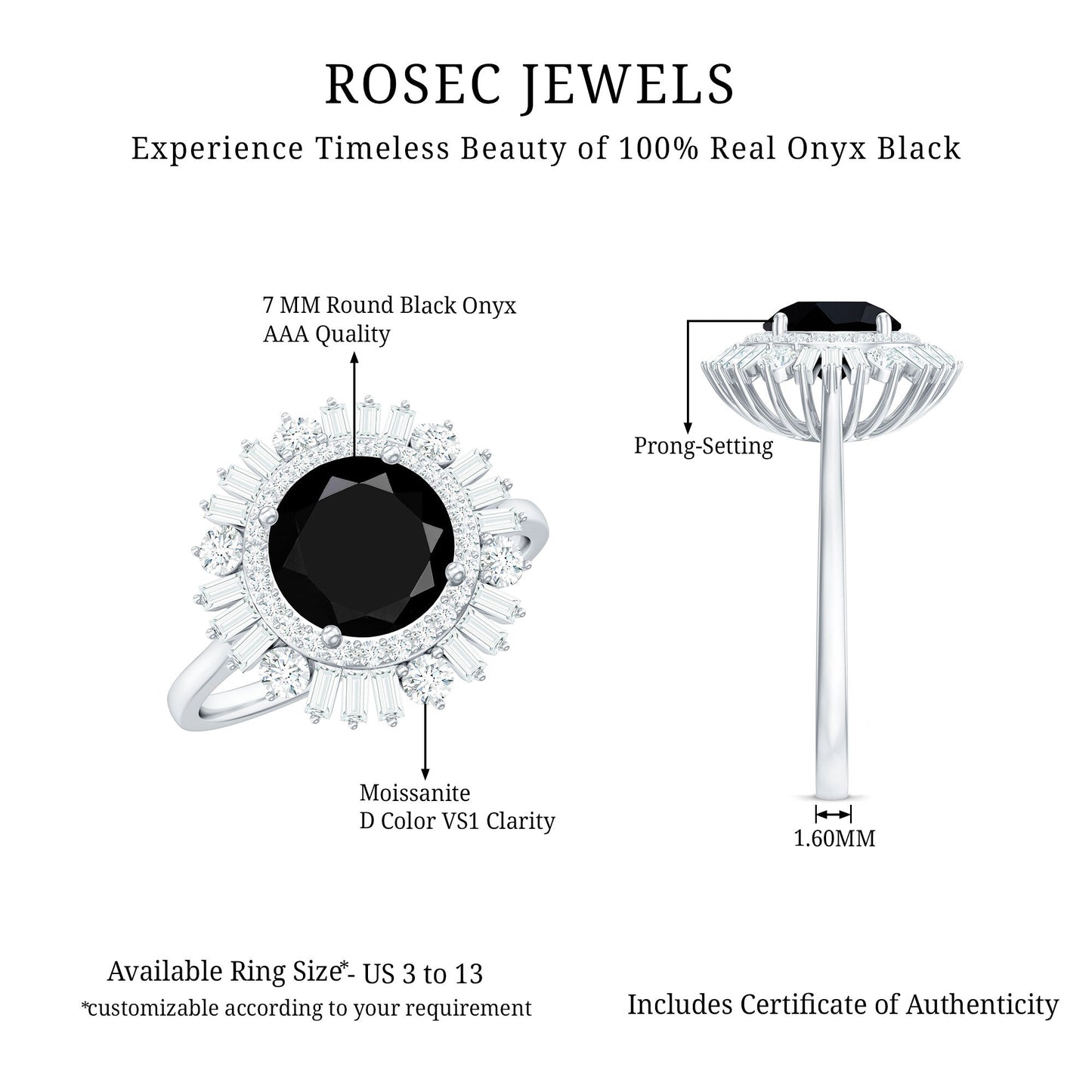 1.2 Carat Round Black Onyx Double Halo Cocktail Ring with Moissanite