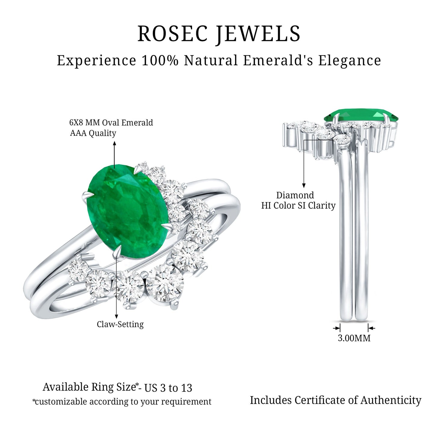 Natural Emerald Wedding Engagement Ring Set with Diamond