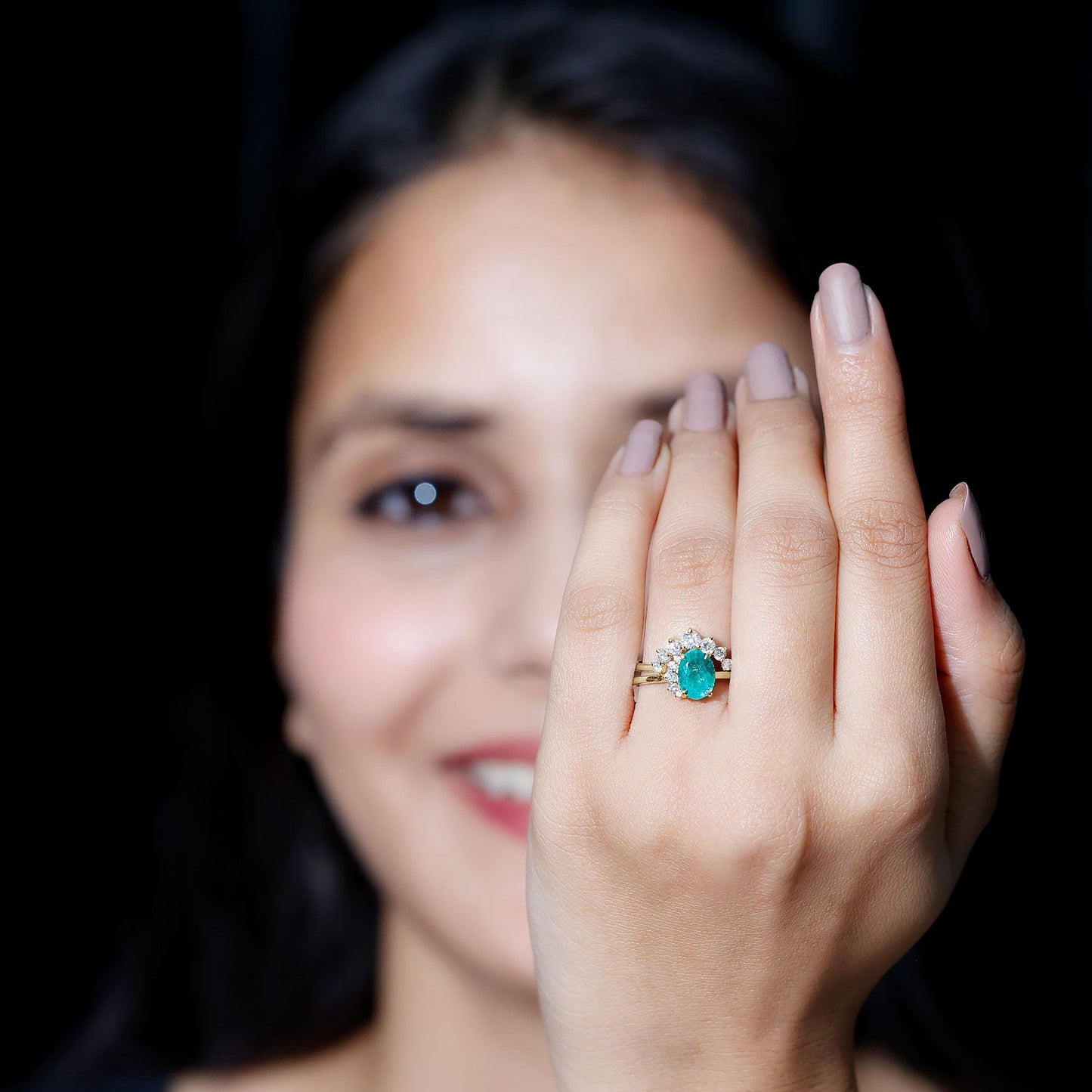 Natural Emerald Wedding Engagement Ring Set with Diamond