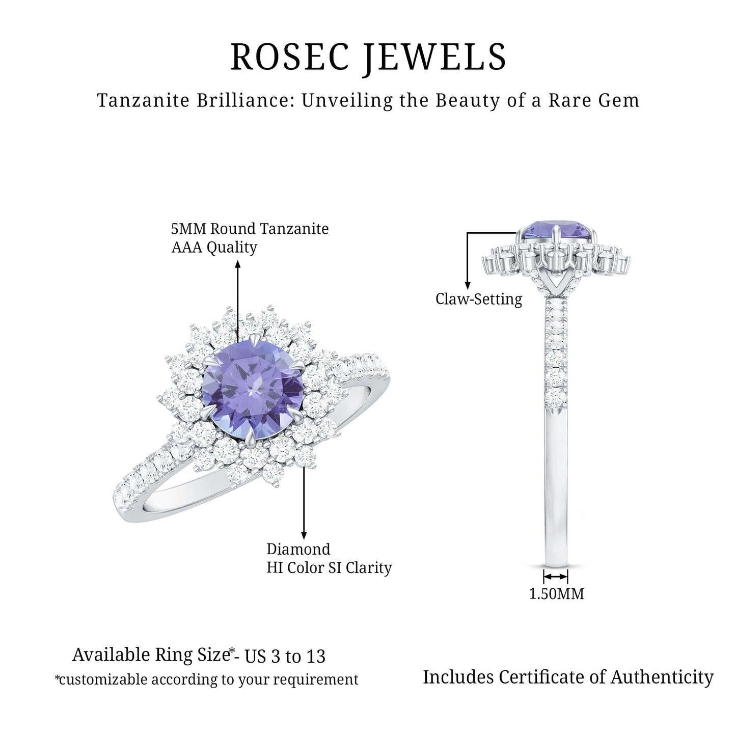 Natural Tanzanite Diamond Engagement Ring with Double Halo