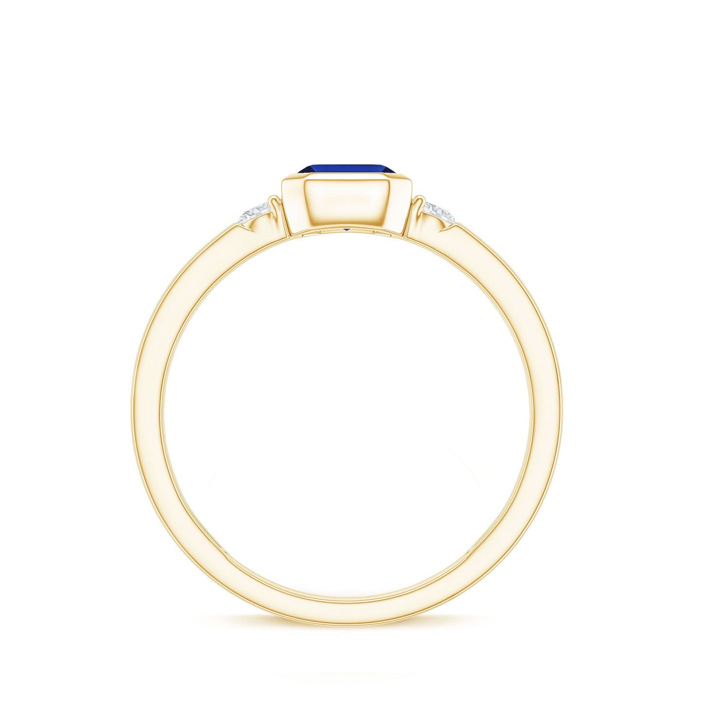 Bezel Set 1.75 Carat Lab Grown Blue Sapphire Emerald Cut Engagement Ring with Diamond