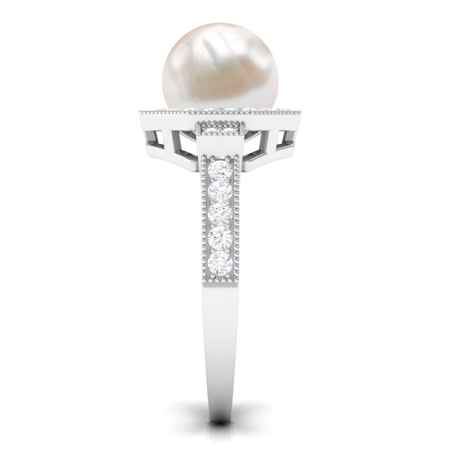Art Deco Inspired 7.4 Carat Freshwater Pearl Engagement Ring with Diamond Halo