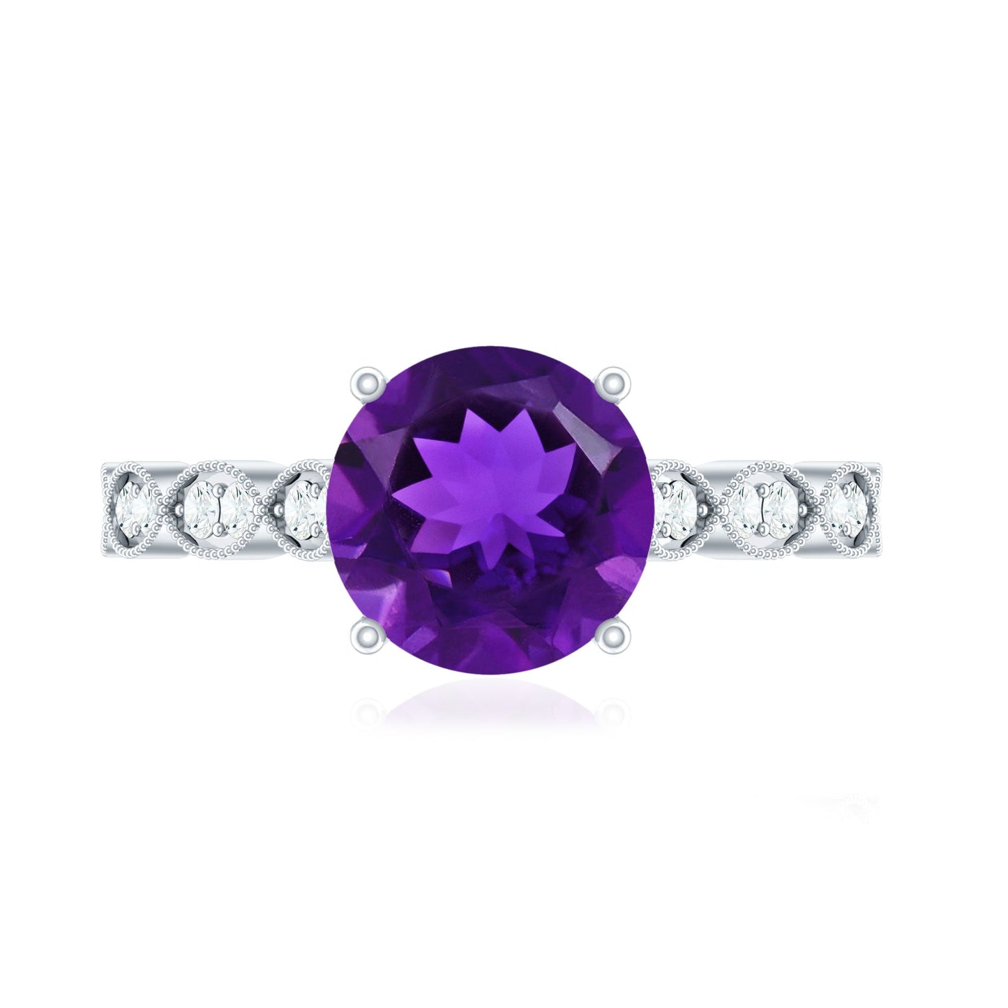 Amethyst and Diamond Solitaire Engagement Ring with Milgrain Details