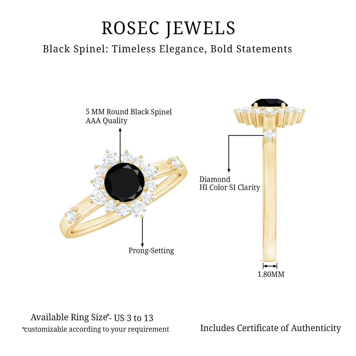 Natural Black Spinel Promise Ring with Diamond Halo
