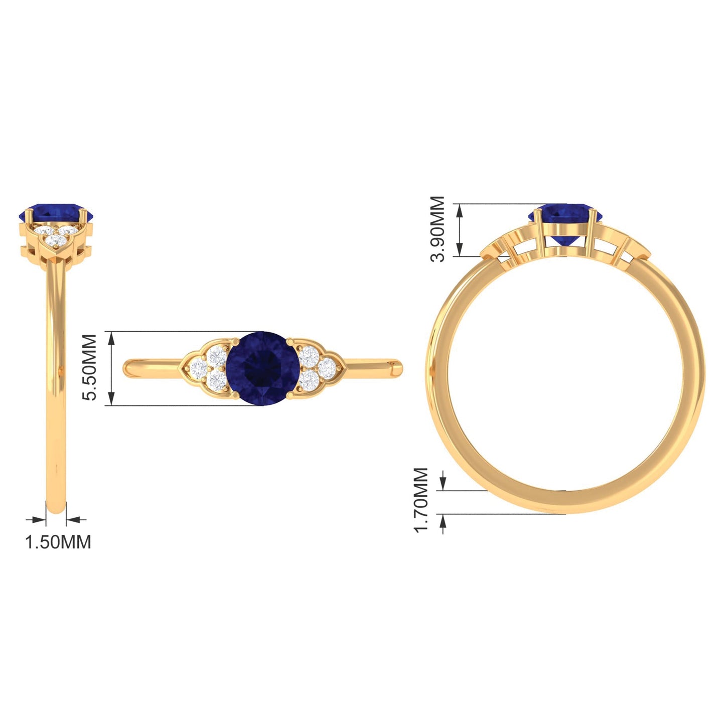 Round 0.9 Carat Blue Sapphire Engagement Ring with Diamond Trio