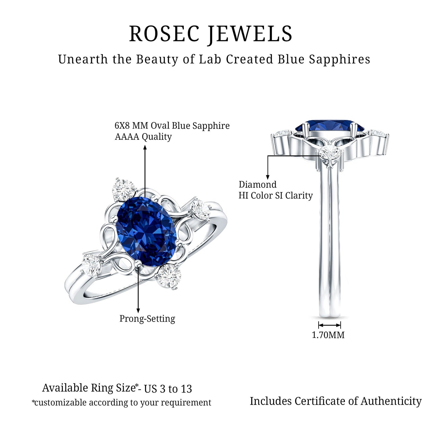 1.5 Carat Oval Cut Lab Grown Blue Sapphire Vintage Engagement Ring with Diamond