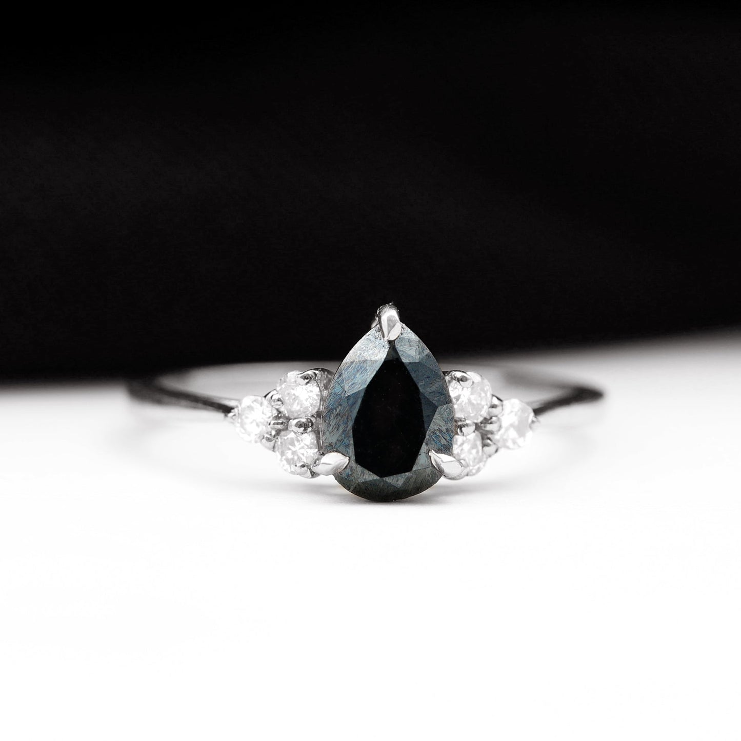 0.85 Carat Pear Shaped Created Black Diamond Solitaire Ring with Diamond