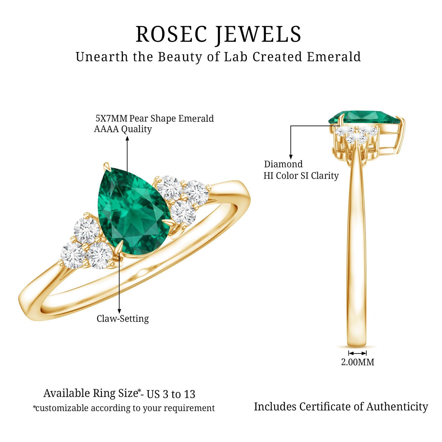 Certified Lab Grown Emerald Pear Shaped Engagement Ring with Diamond Trio