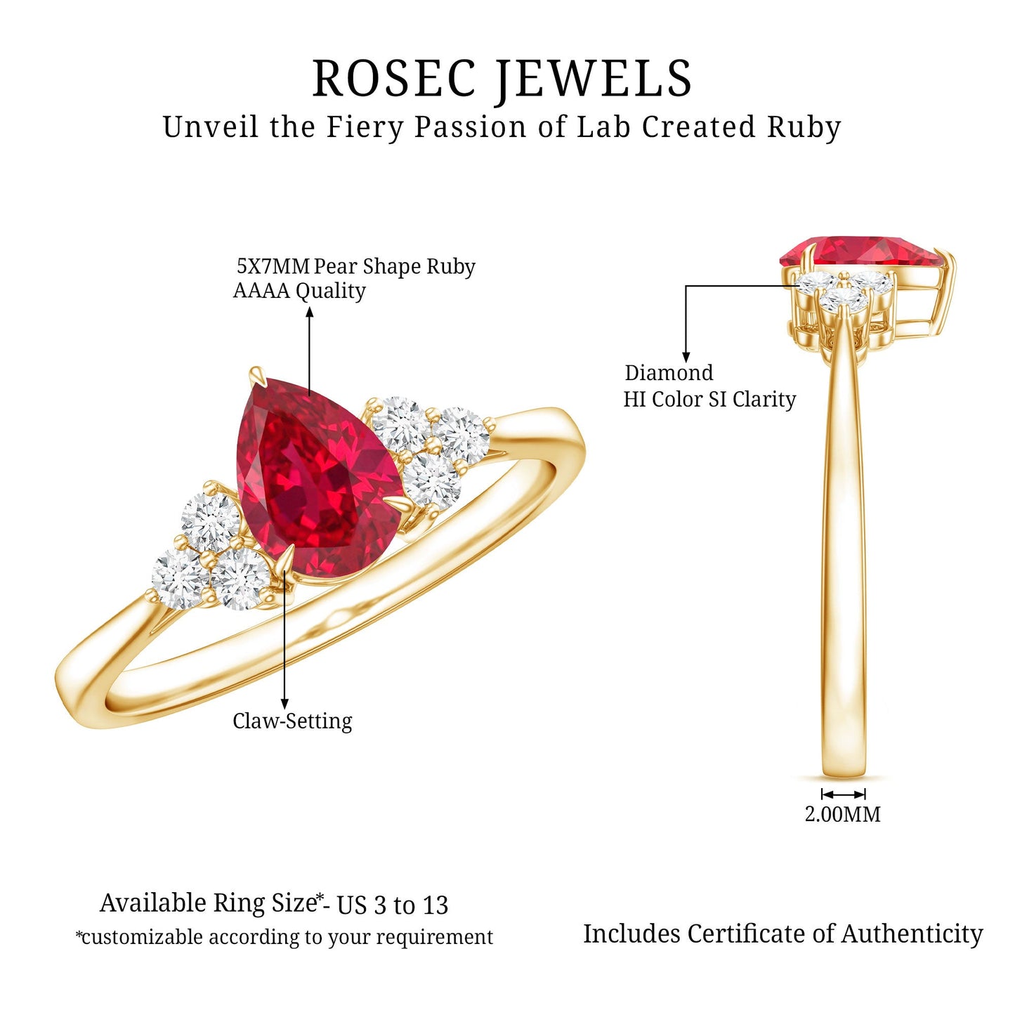 Pear Shaped Lab Ruby Engagement Ring with Diamond Trio