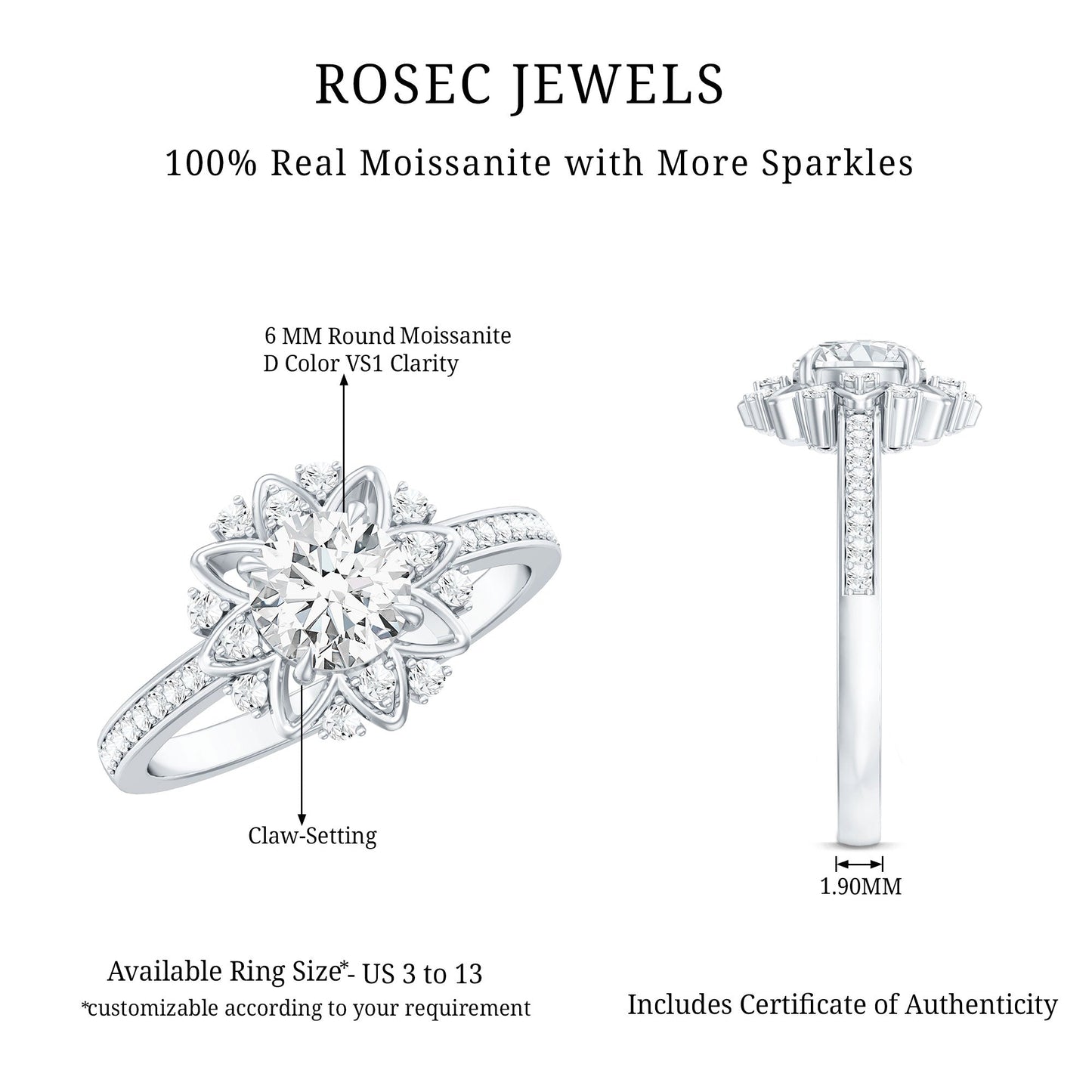 Round Certified Moissanite Flower Engagement Ring