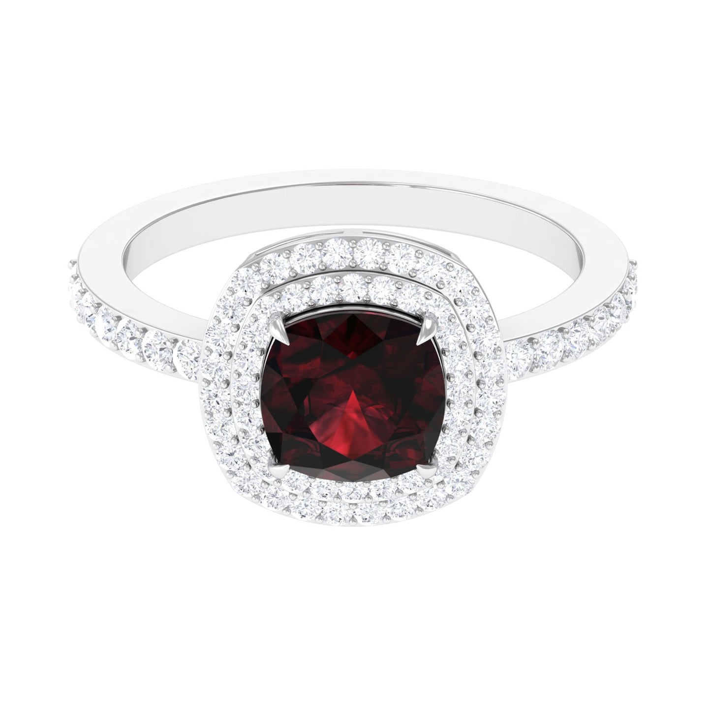 Natural 3.2 Carat Cushion Cut Garnet Diamond Double Halo Engagement Ring