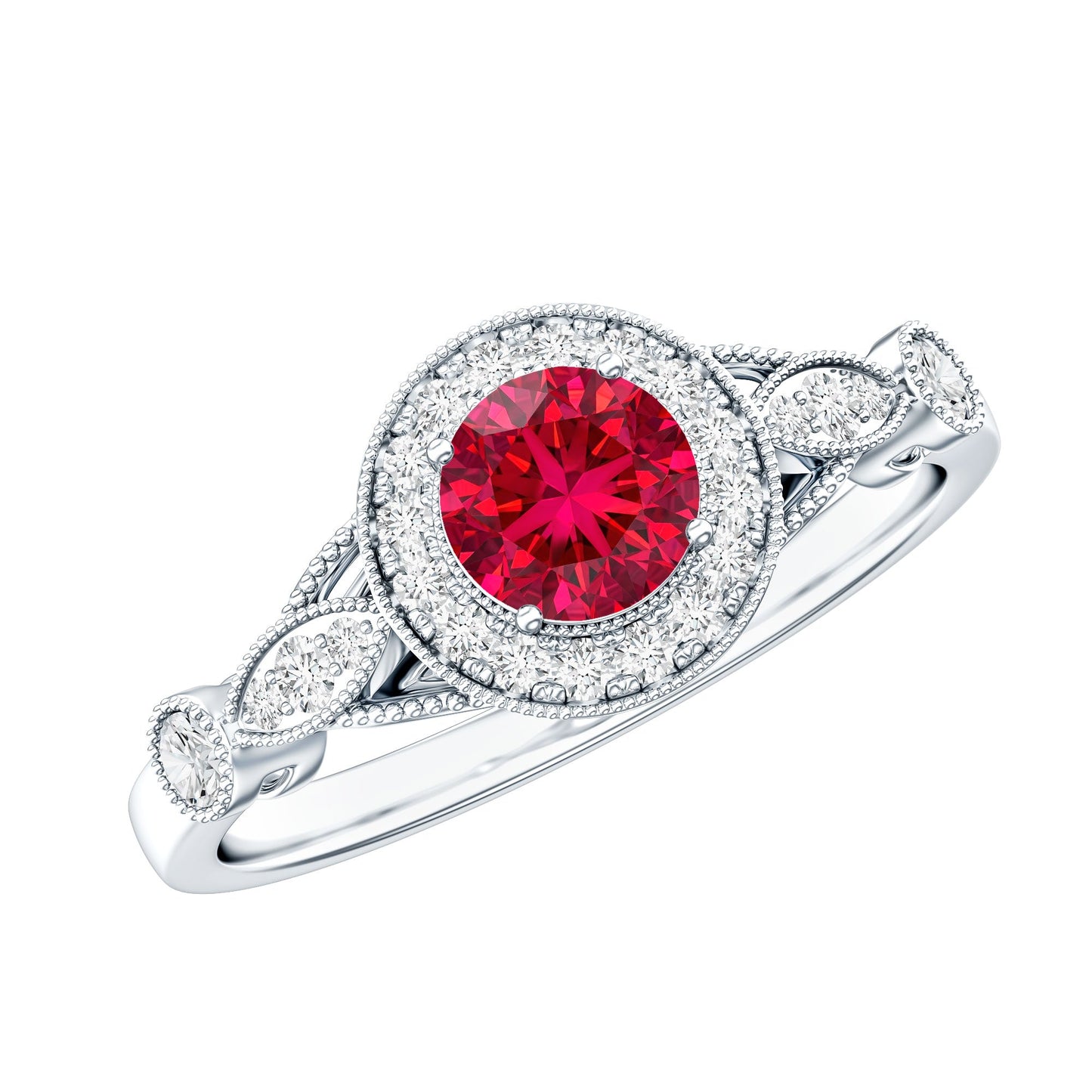 Antique Inspired Lab Created Ruby and Diamond Engagement Ring