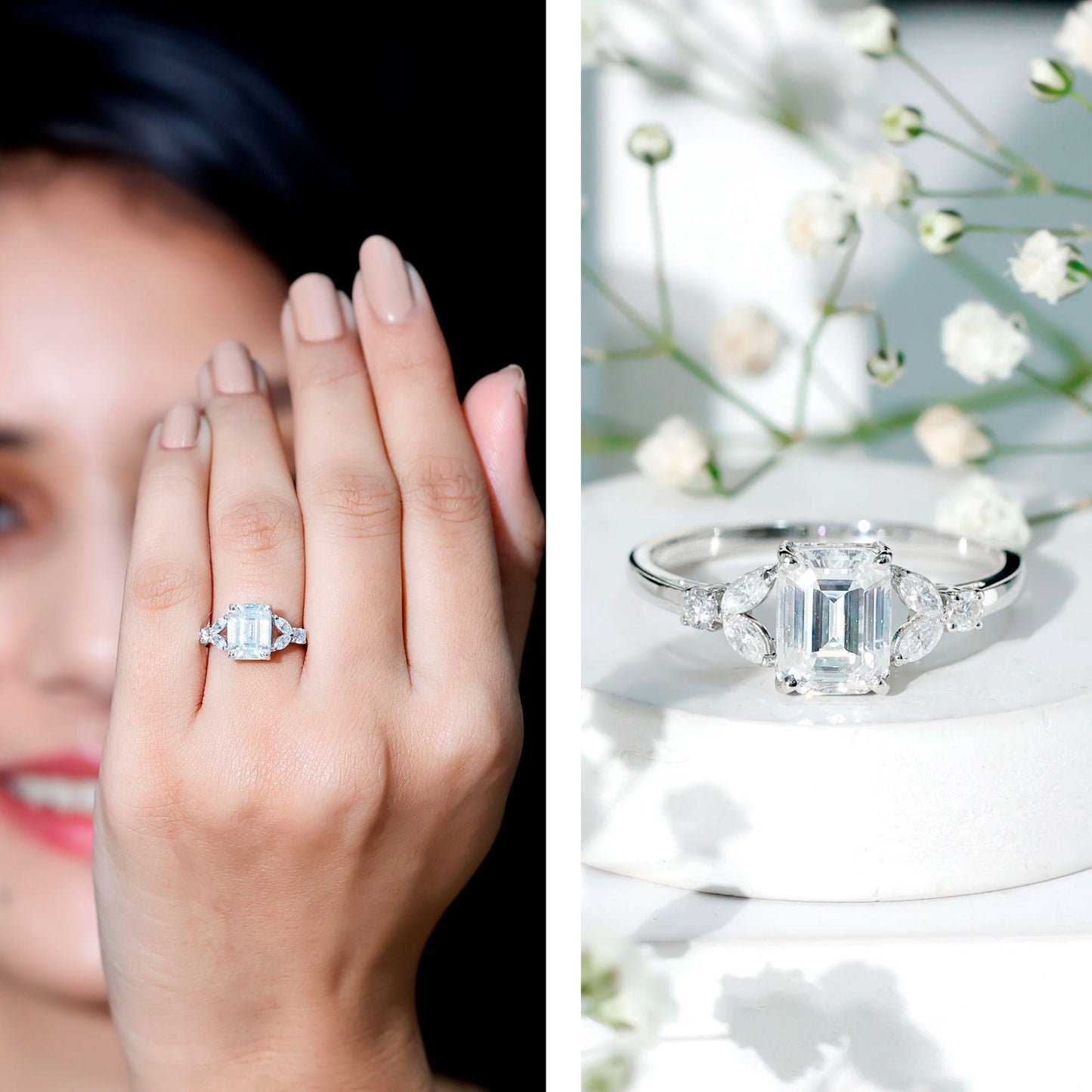 Claw Set Emerald Cut Moissanite Designer Engagement Ring