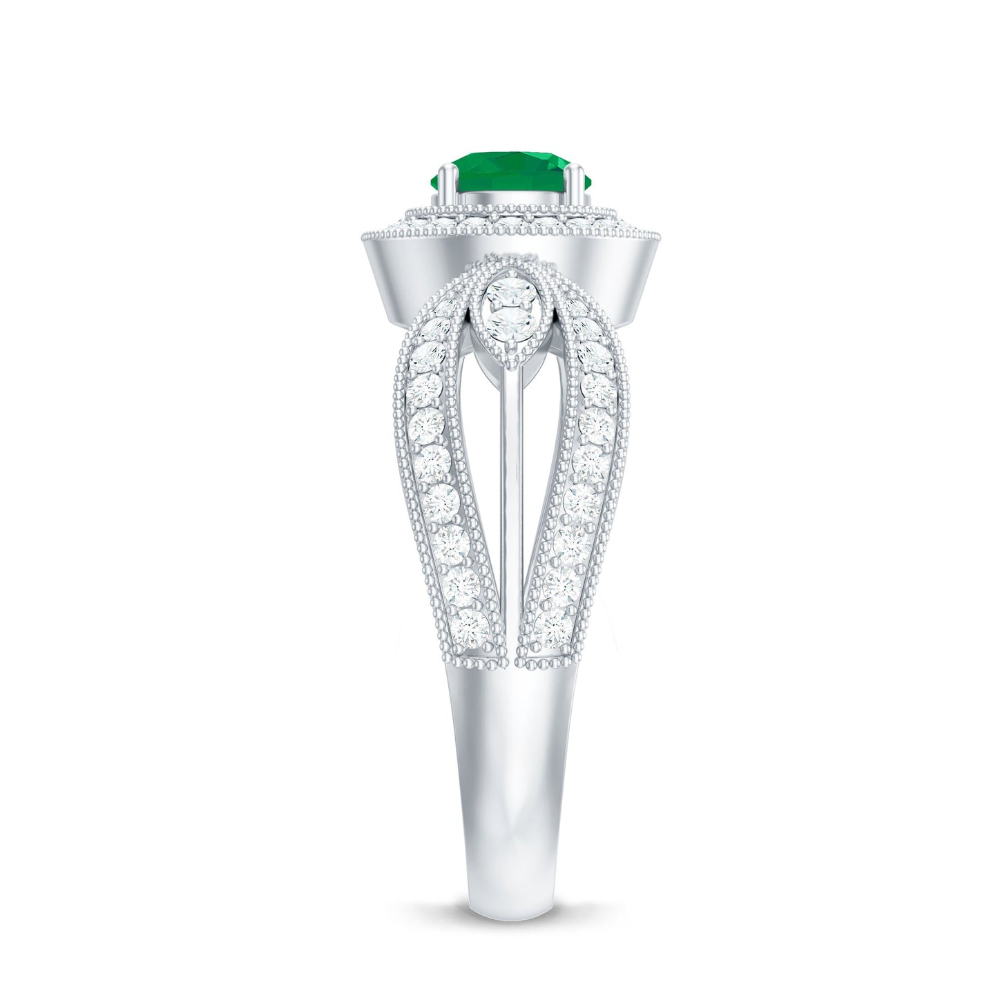 Real Emerald Diamond Vintage Looking Engagement Ring with Split Shank