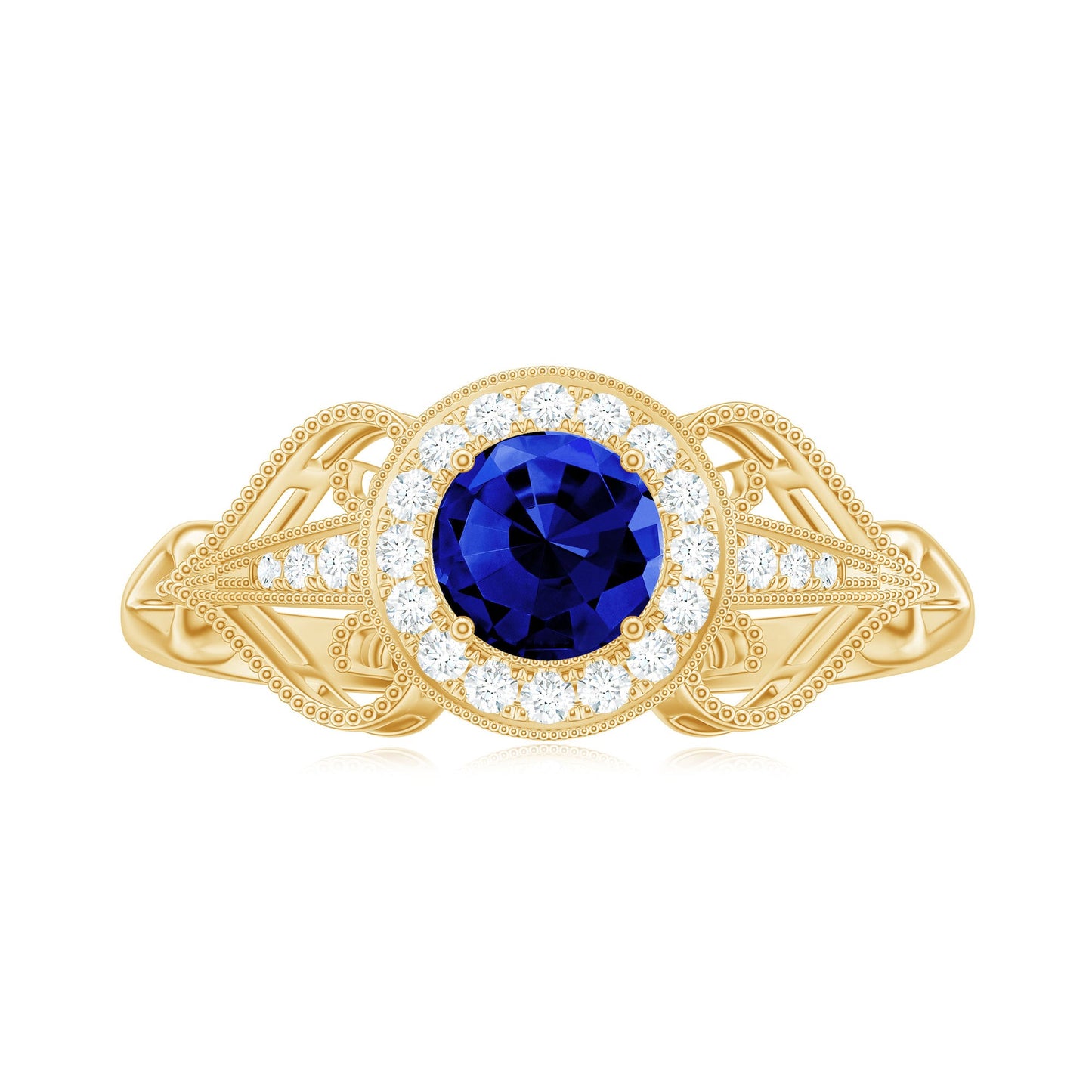 Certified 0.6 Carat Lab Grown Blue Sapphire Retro Engagement Ring with Diamond