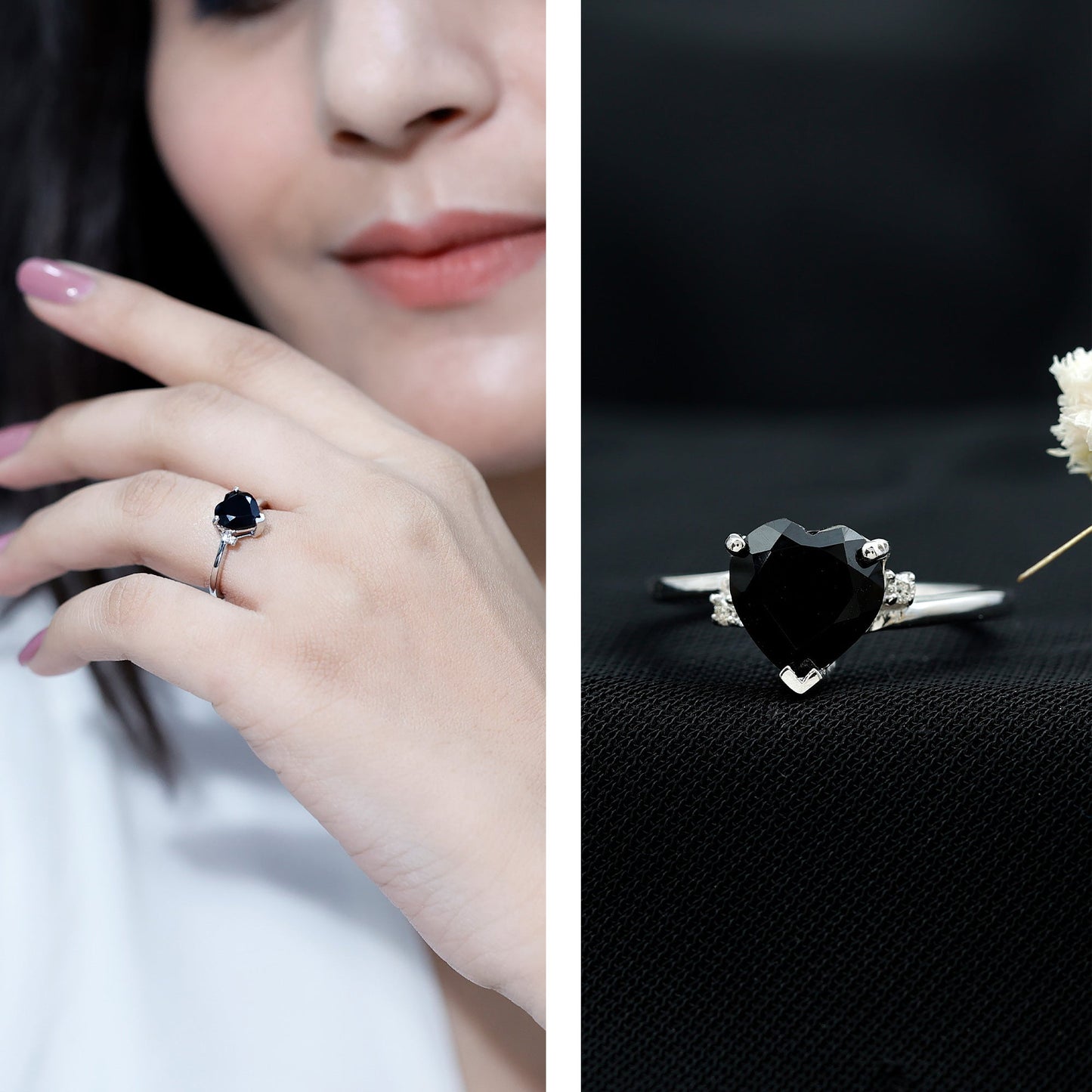Heart Shaped Black Onyx Engagement Ring with Diamonds
