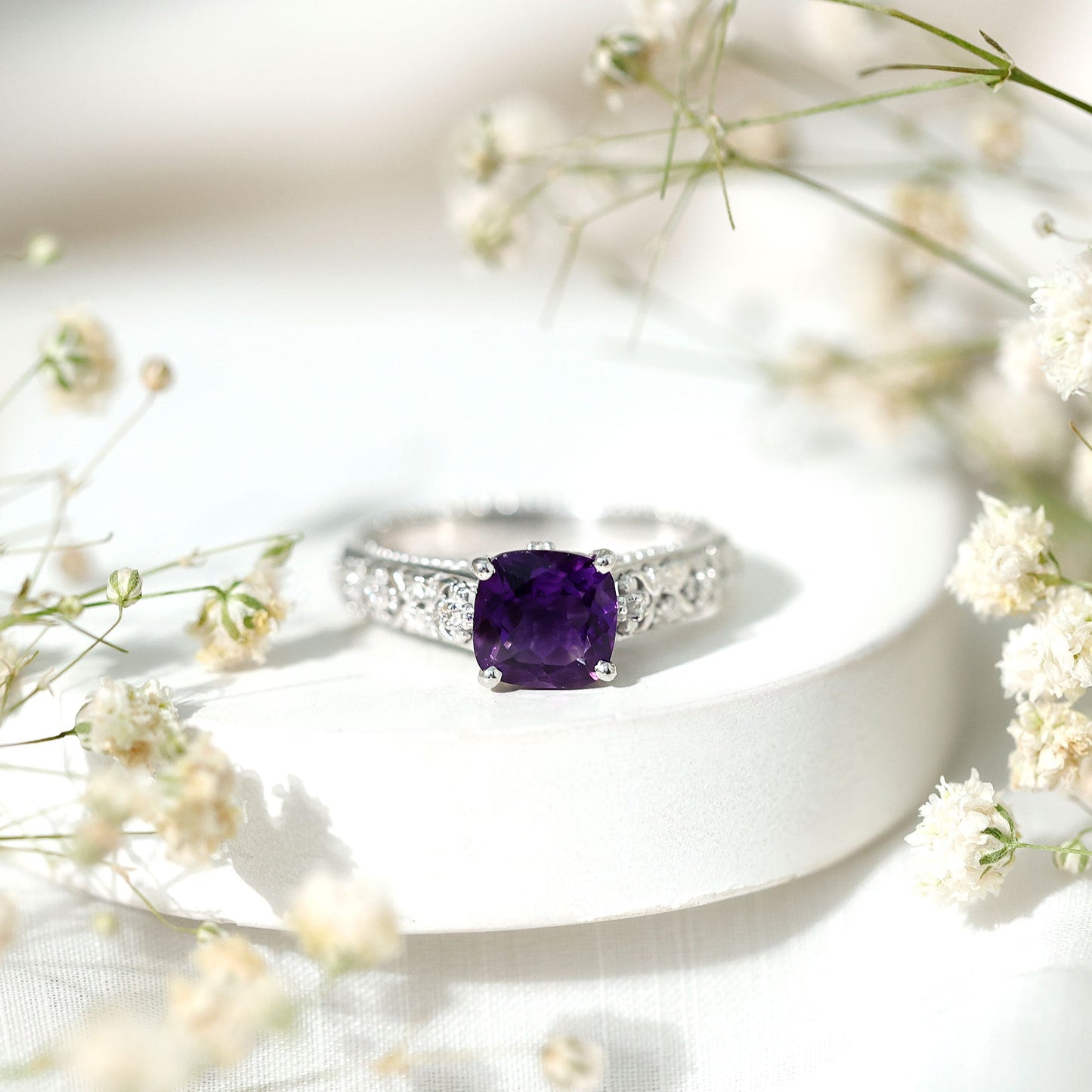 Vintage Inspired 2 Carat Amethyst Cushion Cut Engagement Ring with Diamond