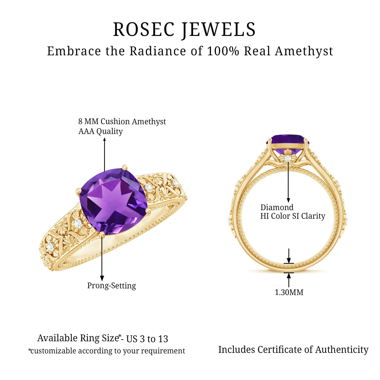 Vintage Inspired 2 Carat Amethyst Cushion Cut Engagement Ring with Diamond