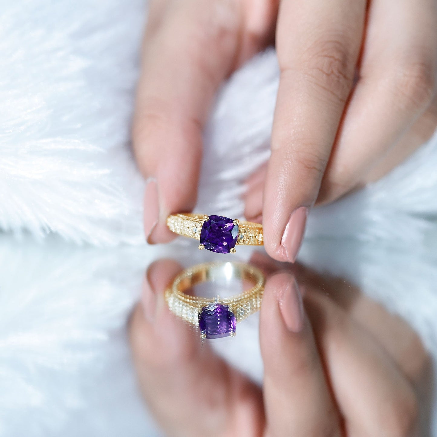 Vintage Inspired 2 Carat Amethyst Cushion Cut Engagement Ring with Diamond
