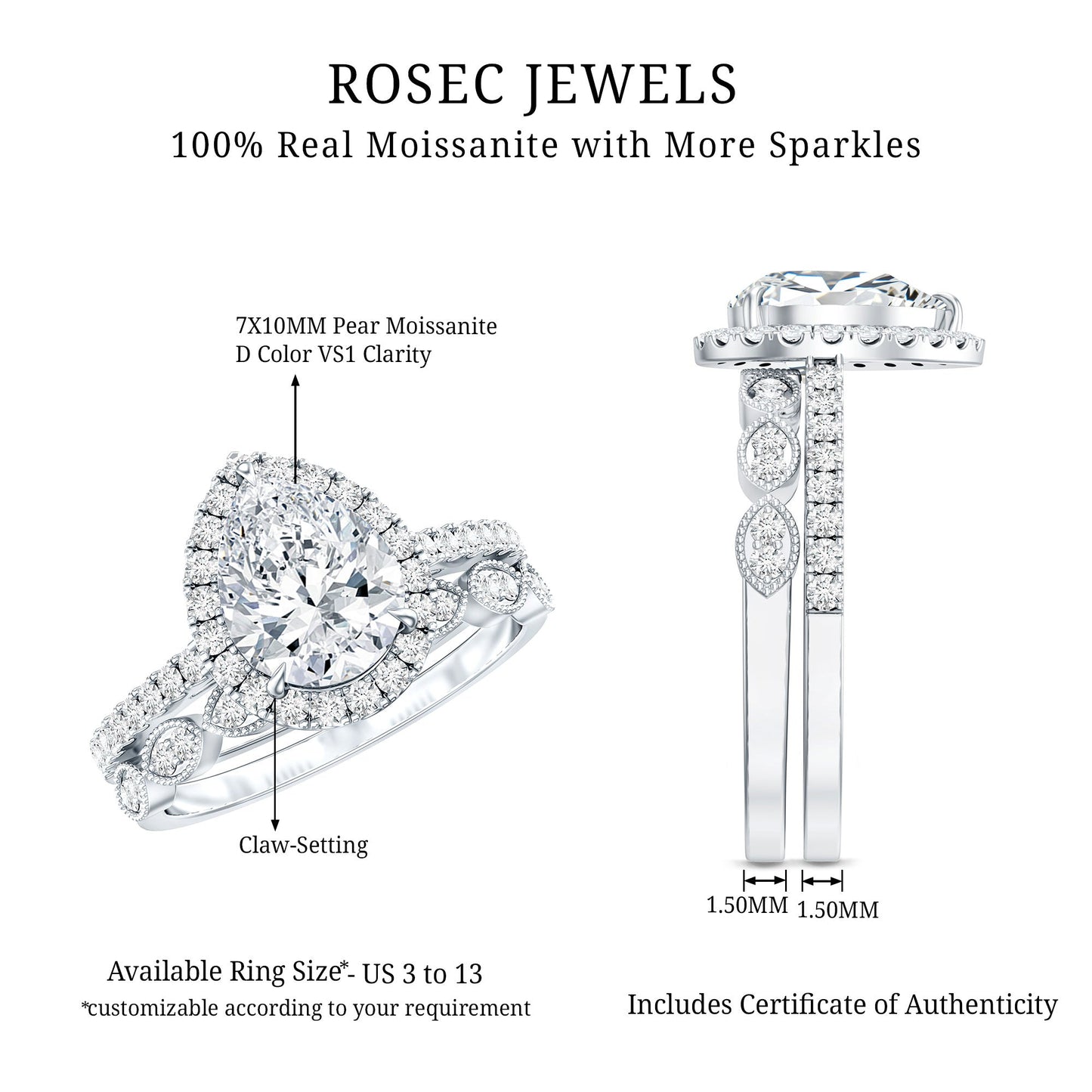 Certified Moissanite Teardrop Engagement Ring Set