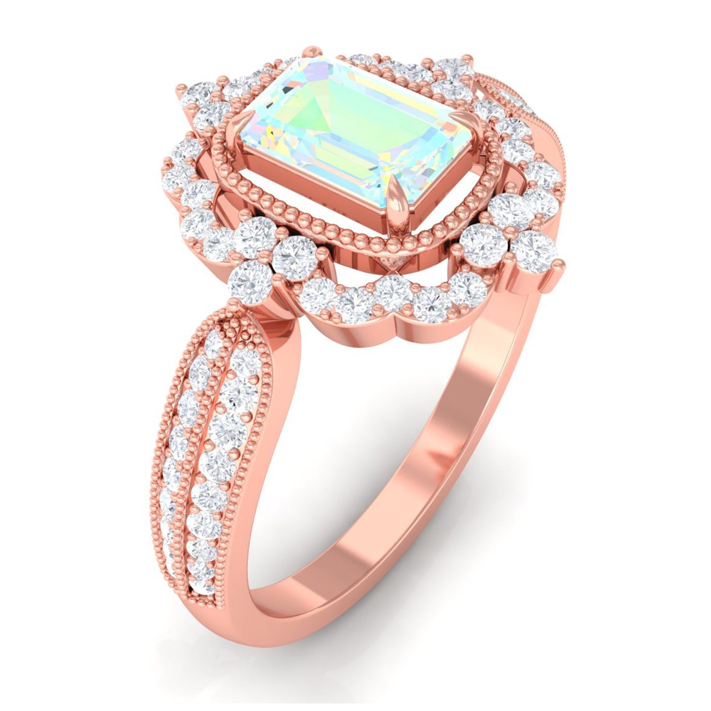 Real 2 Carat Emerald Cut Opalescent Antique Looking Engagement Ring with Diamond Halo
