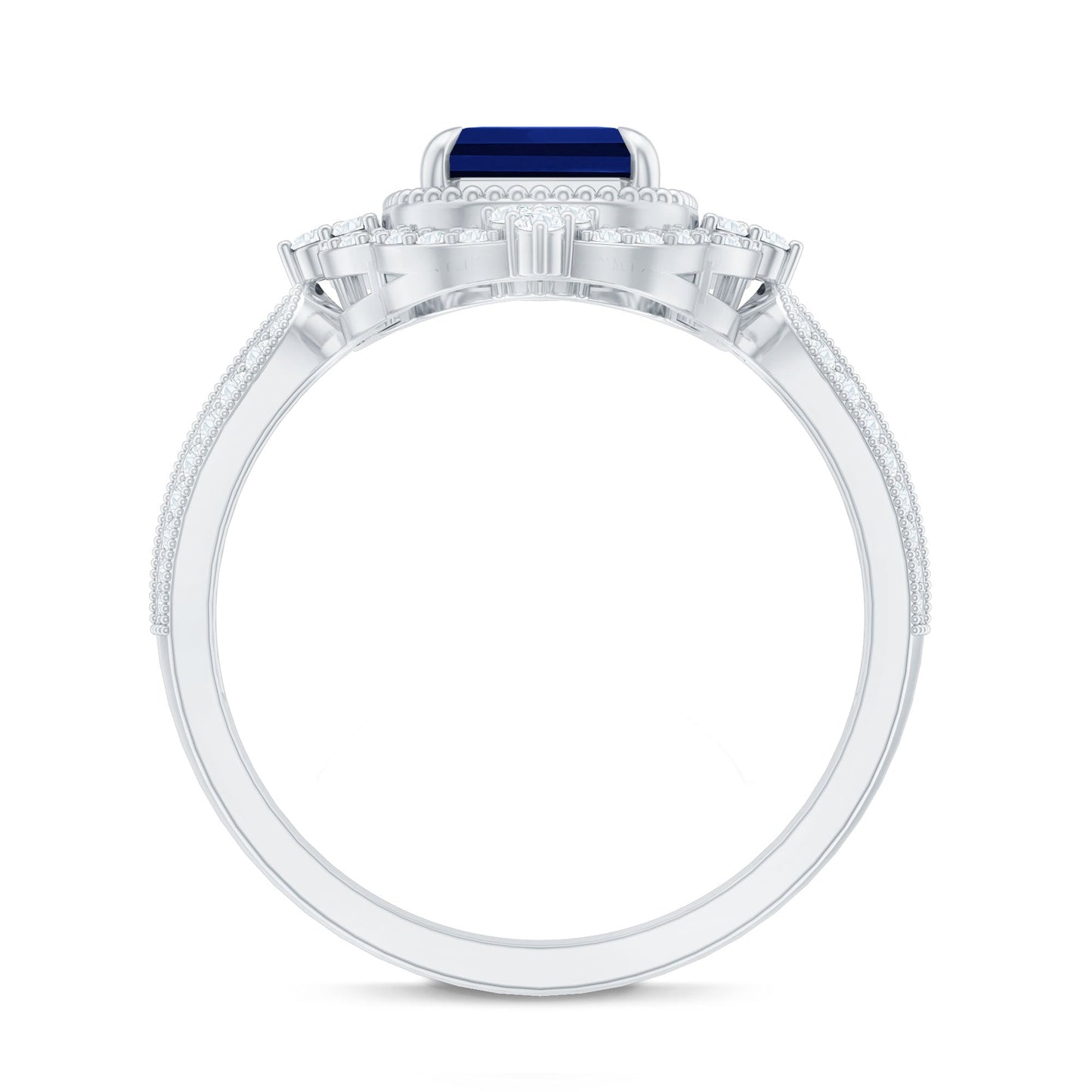 Certified 1.75 Carat Emerald Cut Lab Grown Blue Sapphire Retro Engagement Ring with Diamond