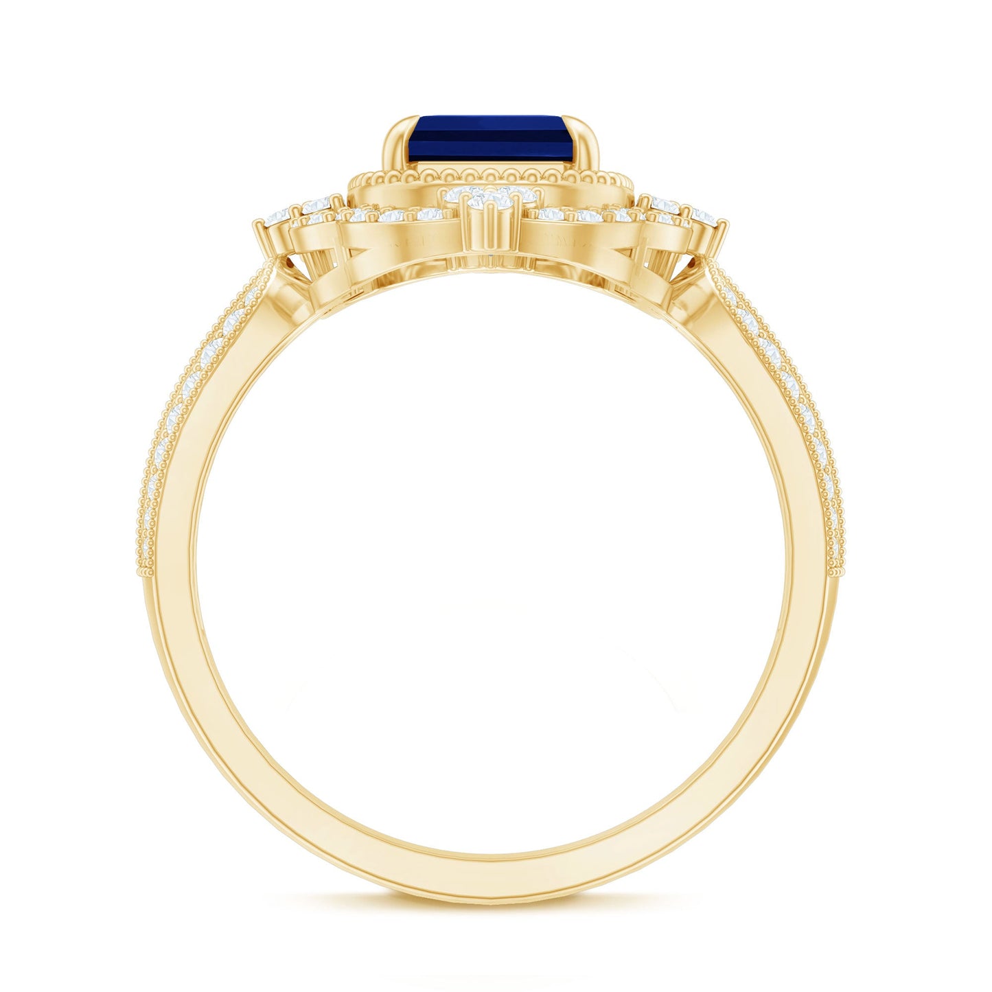 Certified 1.75 Carat Emerald Cut Lab Grown Blue Sapphire Retro Engagement Ring with Diamond