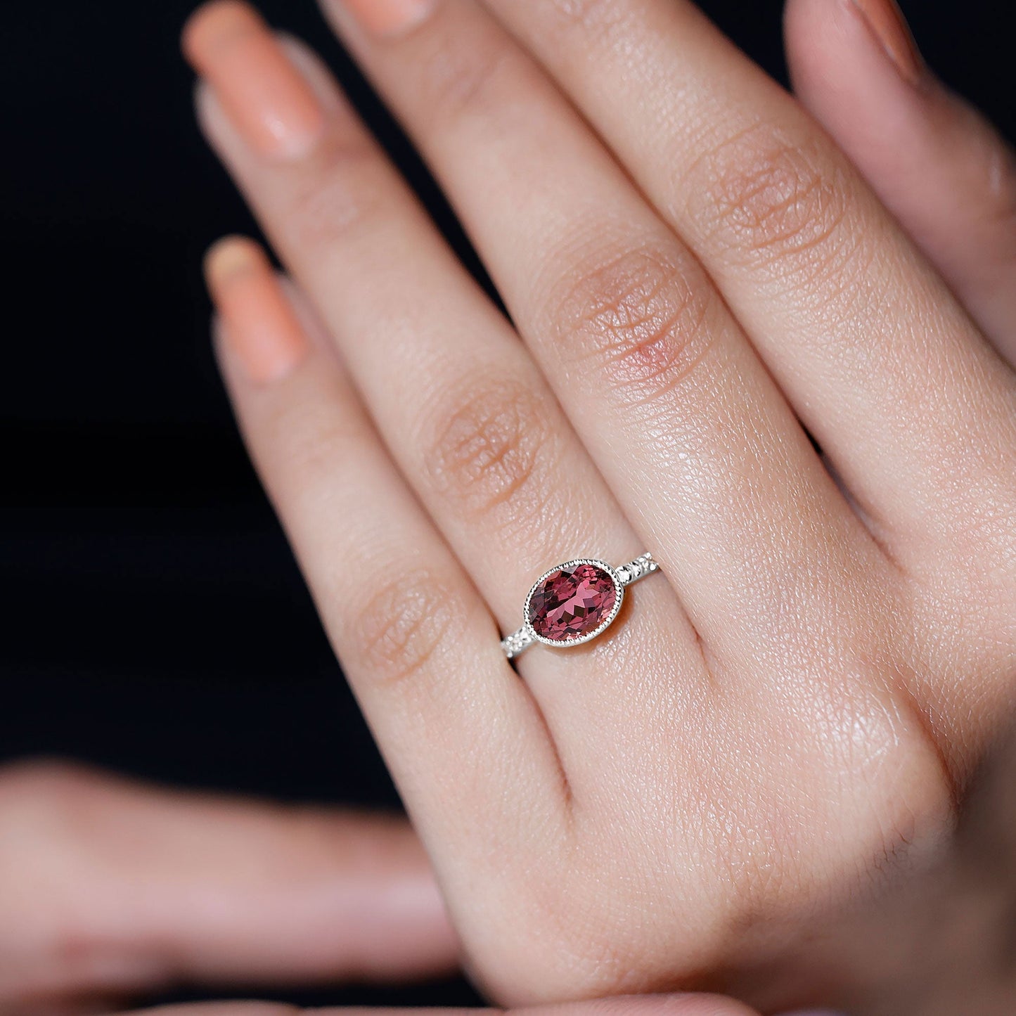 1 Carat Oval Pink Tourmaline East West Engagement Ring with Diamond