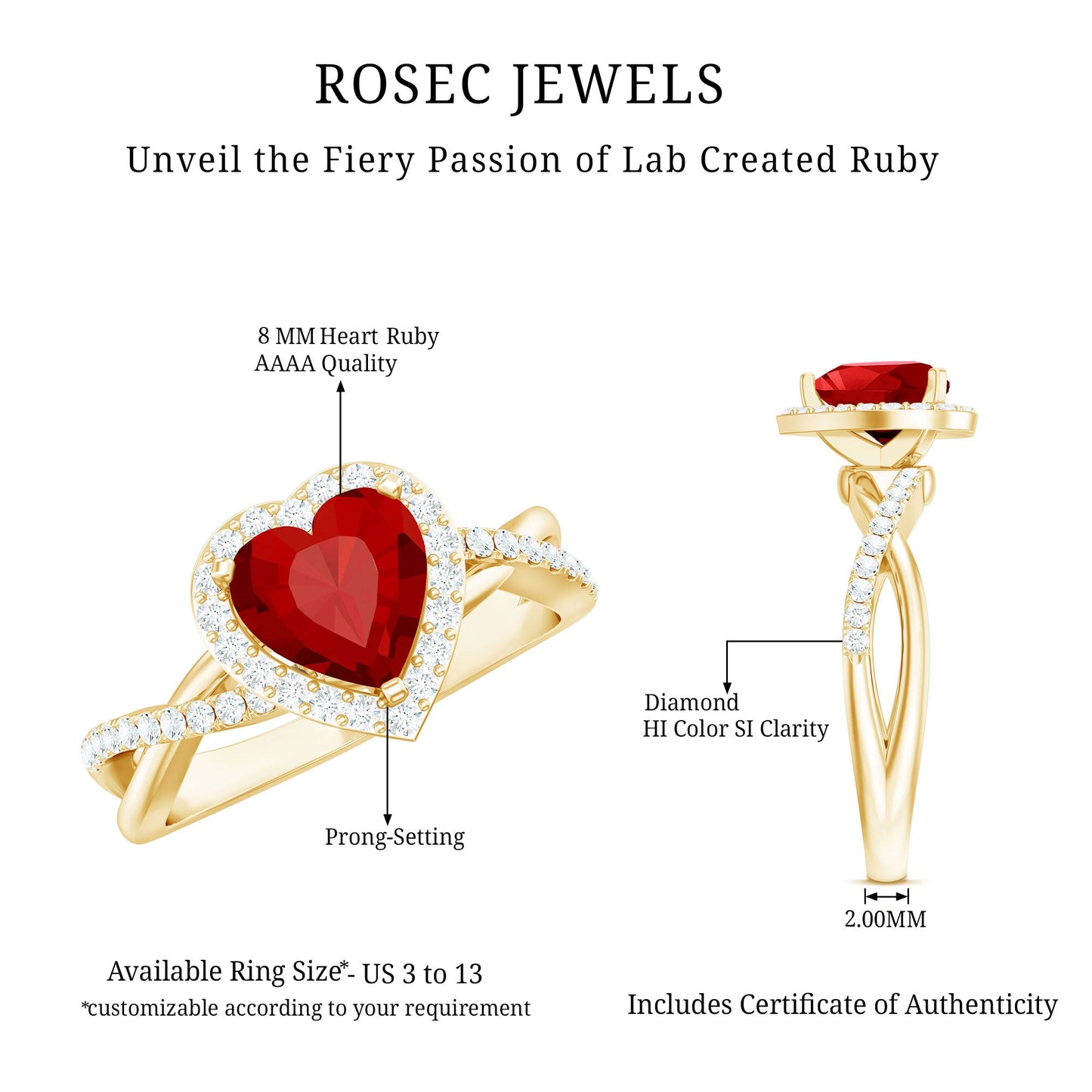 Heart Shaped Lab Created Ruby Crossover Engagement Ring with Natural Diamonds