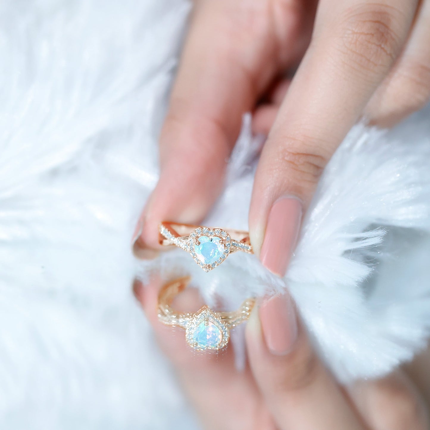 Natural Ethiopian Opal Heart Engagement Ring with Diamond Crossover Shank